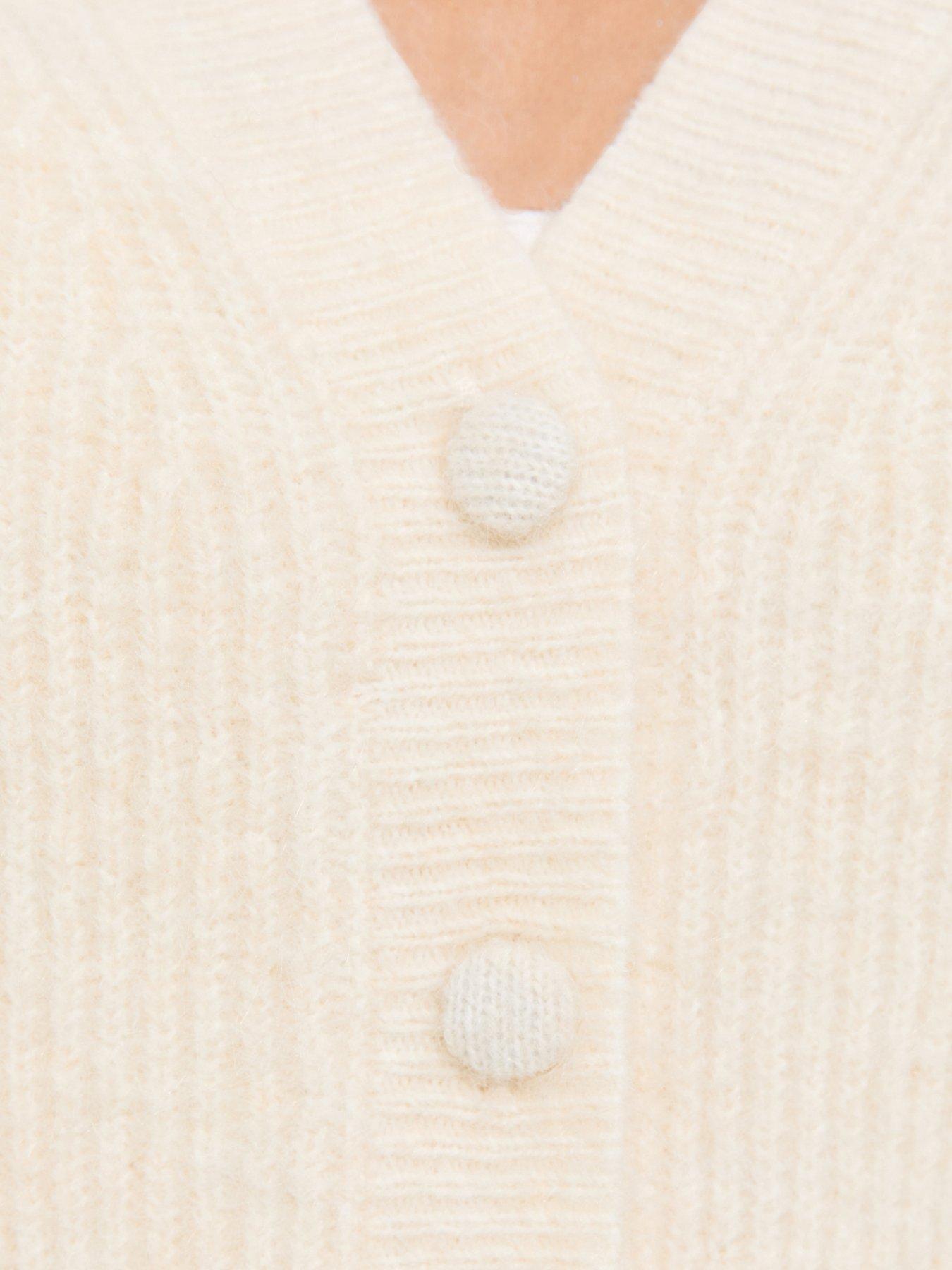 Image 6 of 6 of New Look Ribbed Knit Puff Sleeve Cardigan - Cream