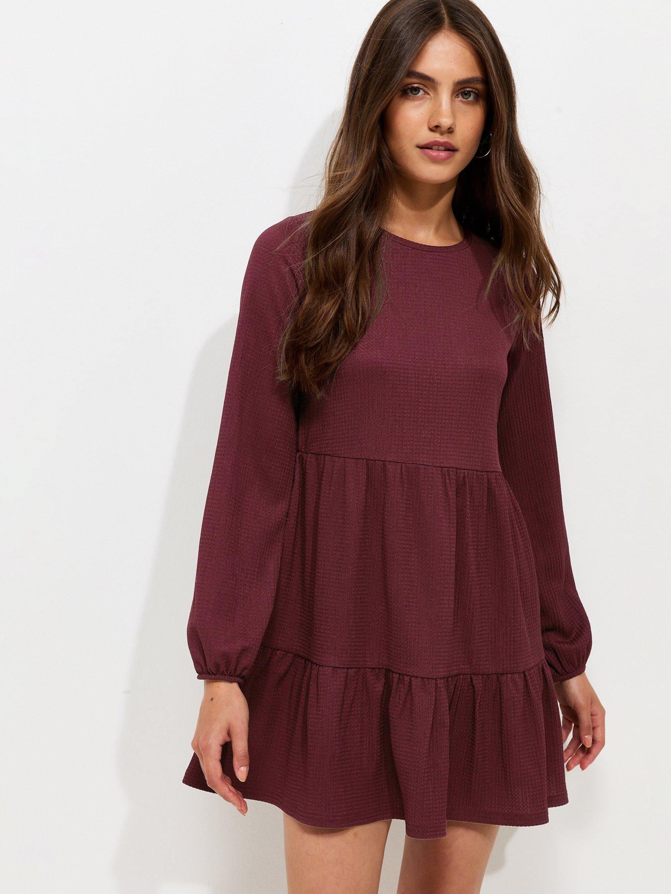 New Look Dark Burgundy Crinkled Long Sleeve Smock Mini Dress