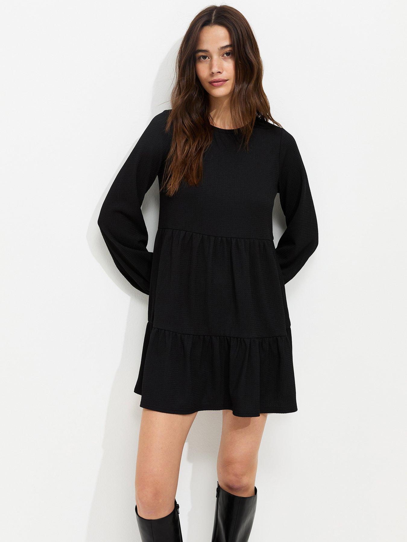 Image 1 of 5 of New Look Crinkled Long Sleeve Smock Mini Dress - Black