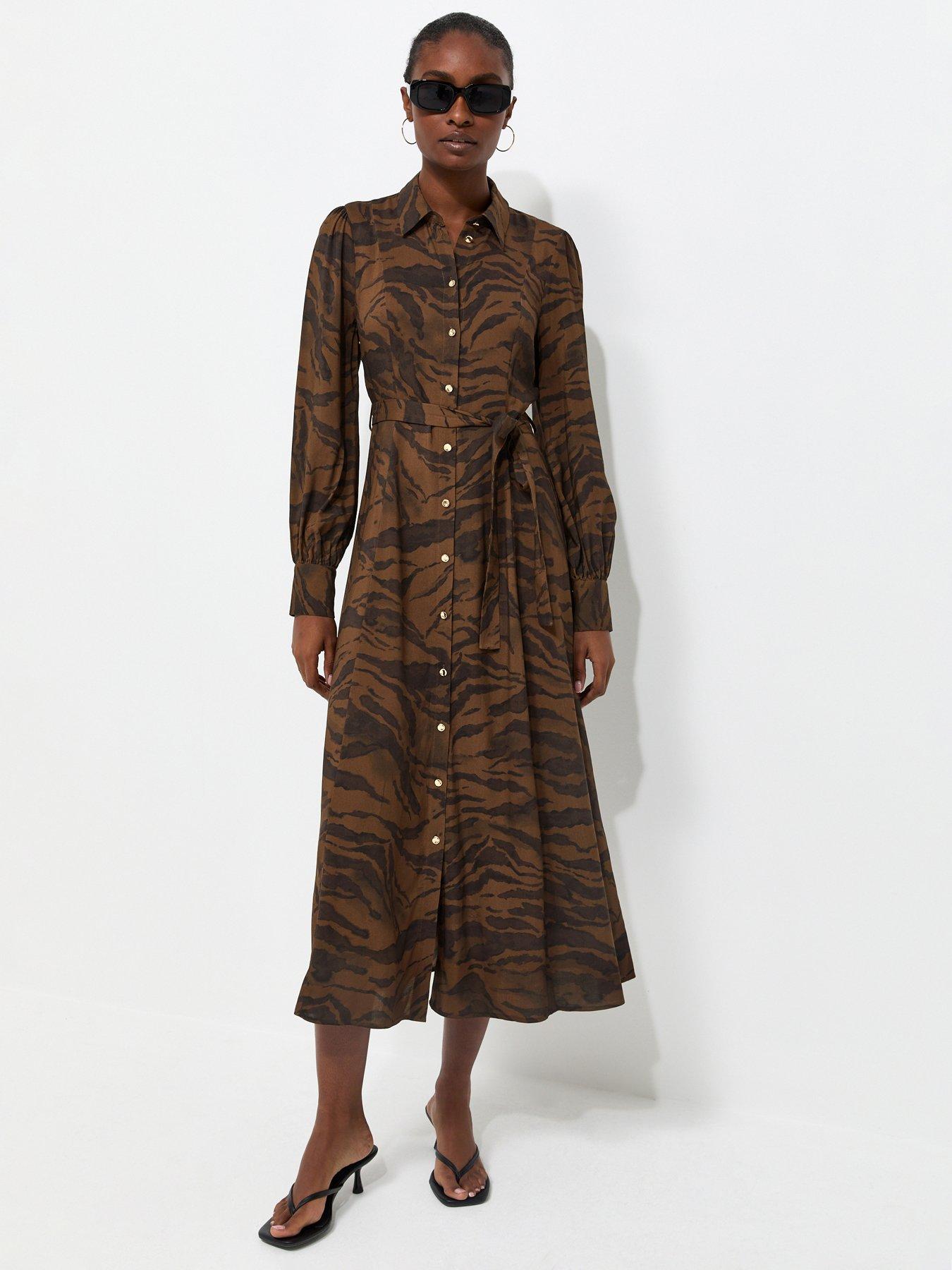 New Look Animal Print Long Sleeve Midi Shirt Dress - Brown
