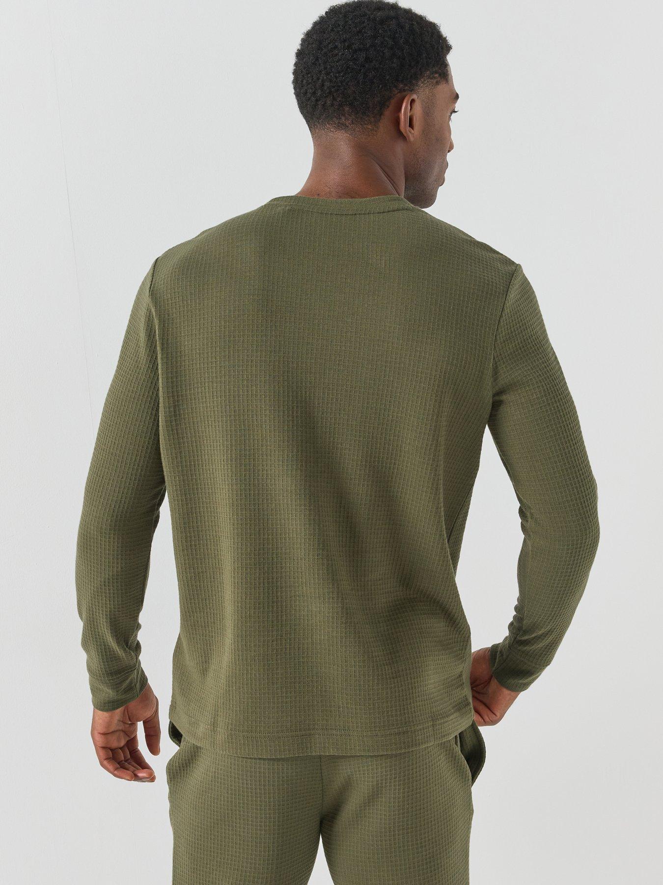 Image 2 of 5 of HUGO Mens Austin Waffle Texture Long Sleeve Loungewear Top - Dark Green