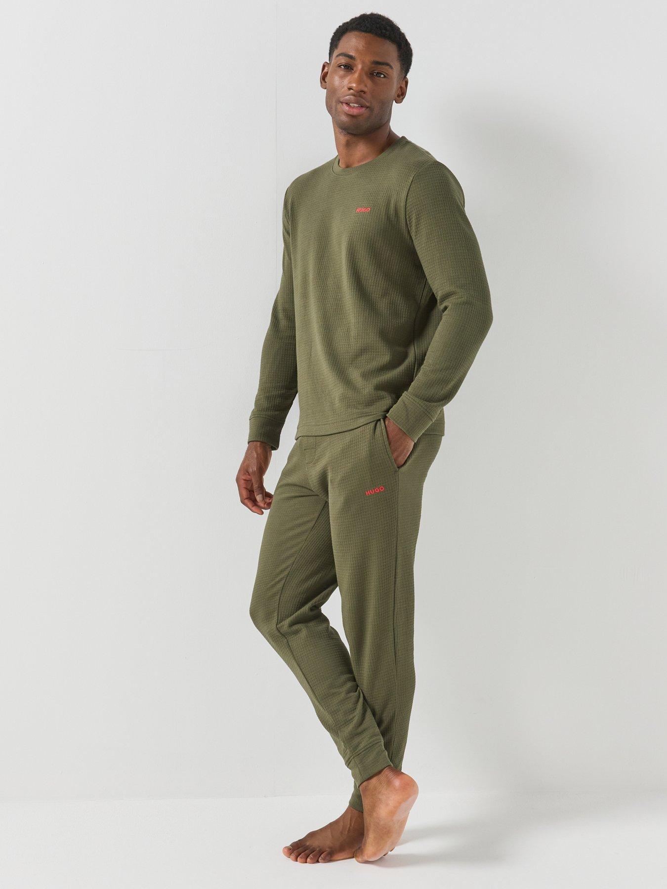 Image 3 of 5 of HUGO Mens Austin Waffle Texture Long Sleeve Loungewear Top - Dark Green