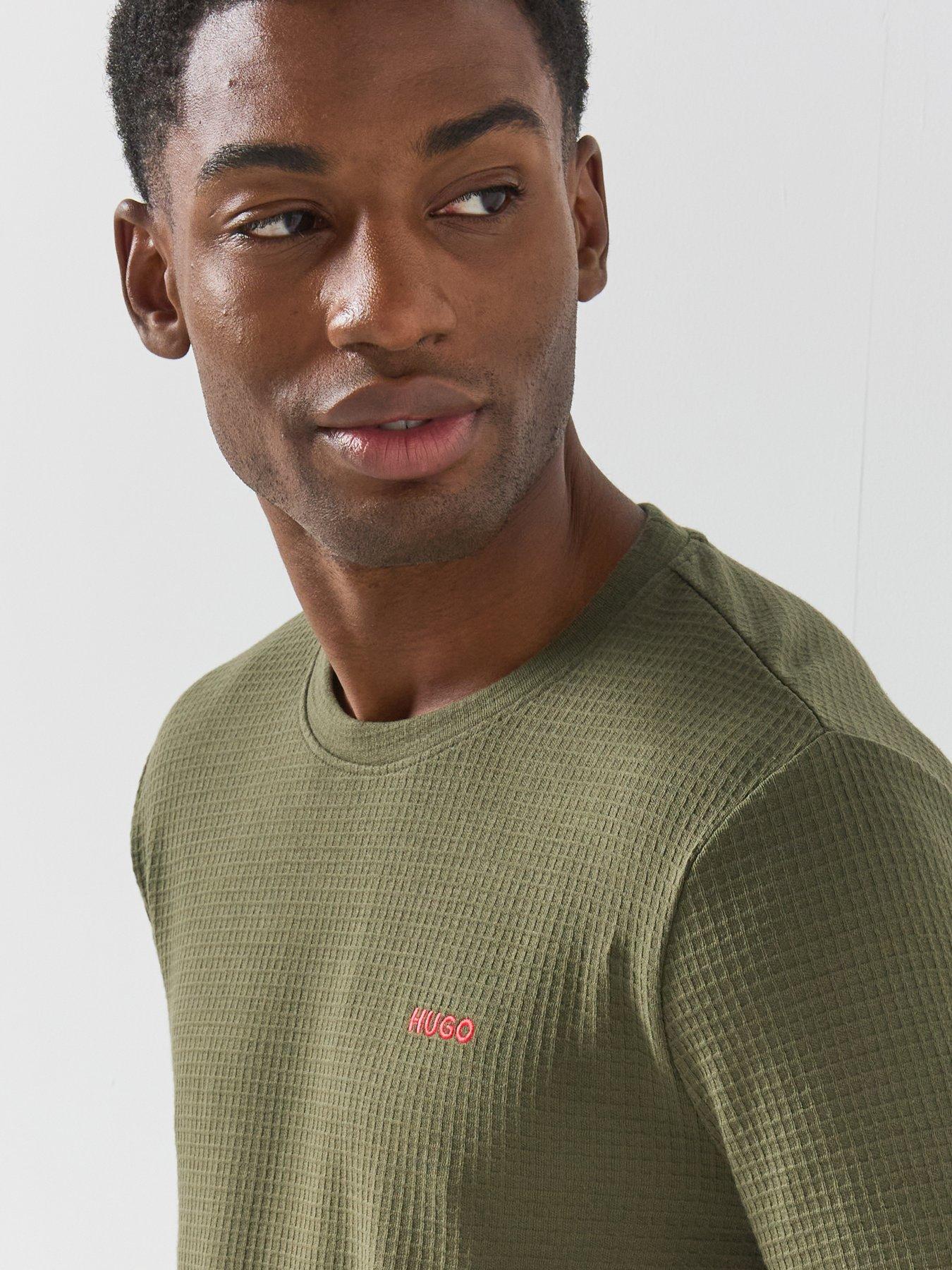 Image 4 of 5 of HUGO Mens Austin Waffle Texture Long Sleeve Loungewear Top - Dark Green