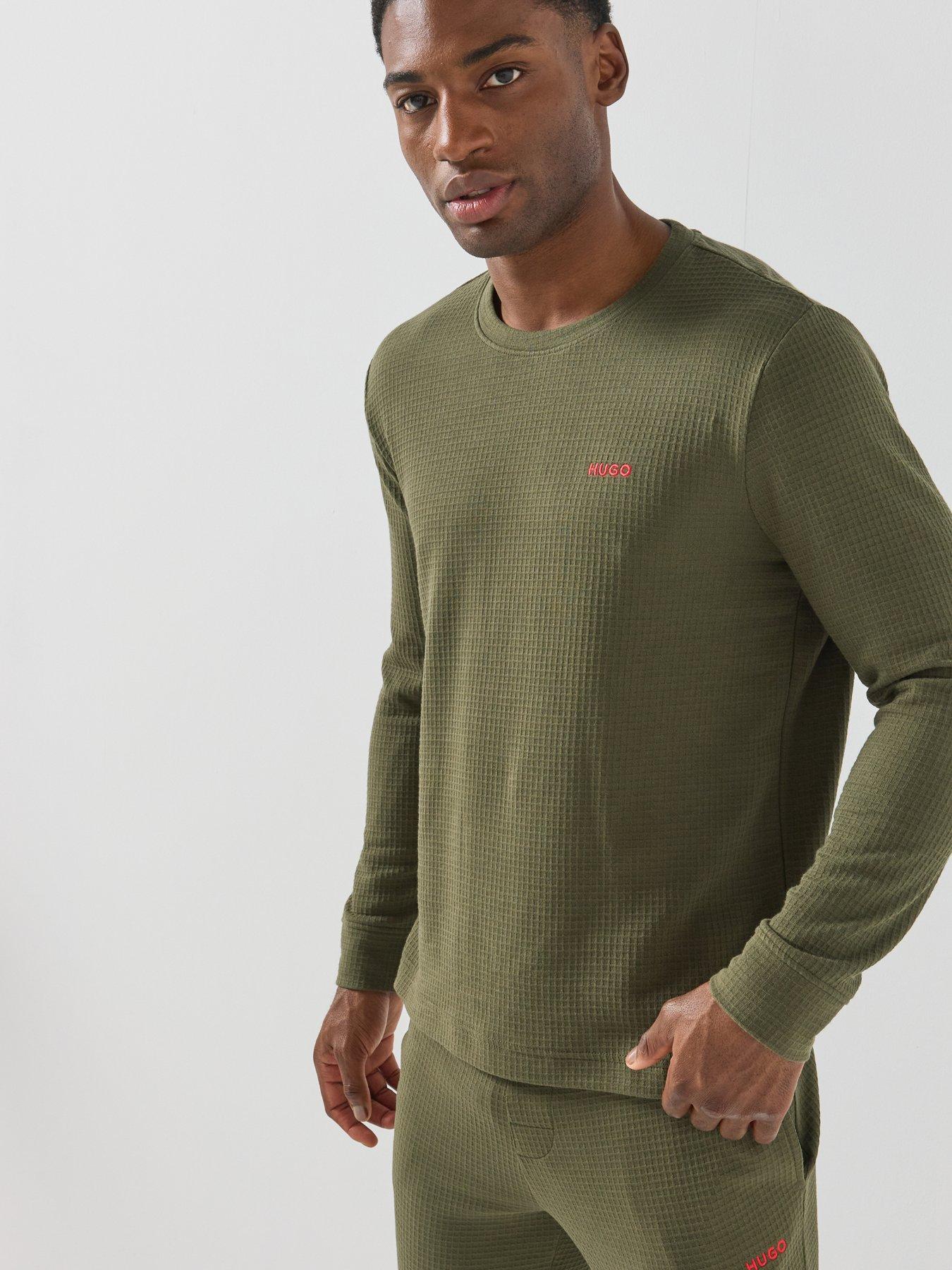 Image 5 of 5 of HUGO Mens Austin Waffle Texture Long Sleeve Loungewear Top - Dark Green