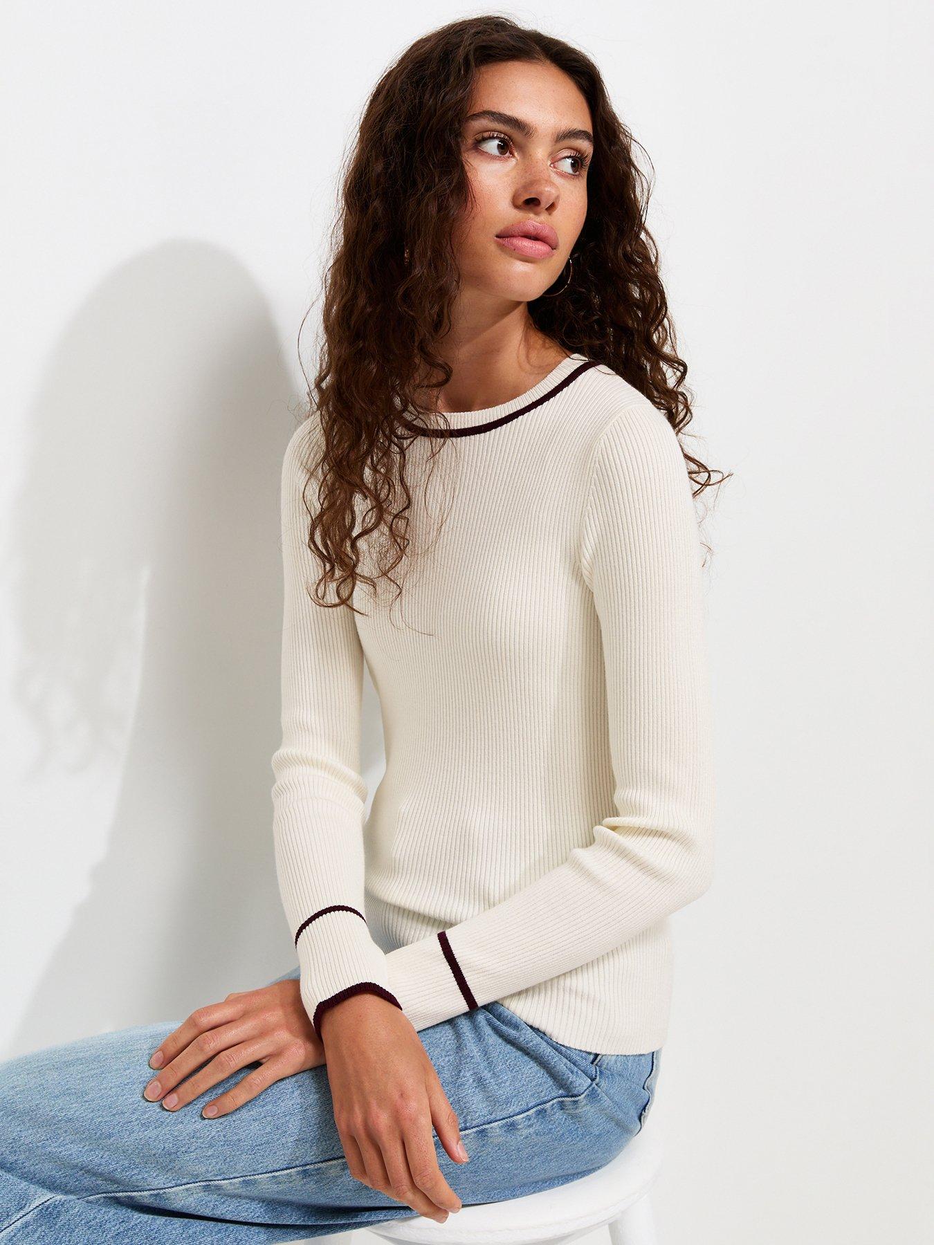 New Look Ribbed Tipped Crew Neck Jumper - Cream