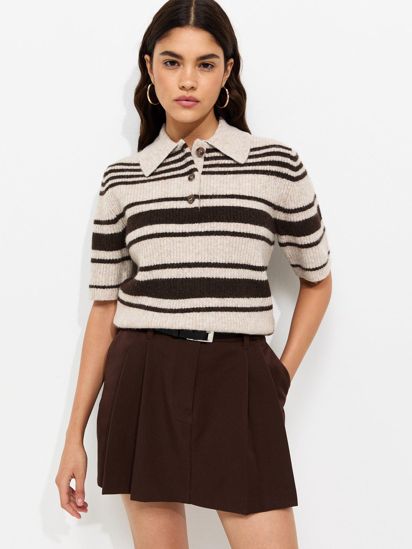 New Look Multi Striped Ribbed Short Sleeve Polo Top - Brown
