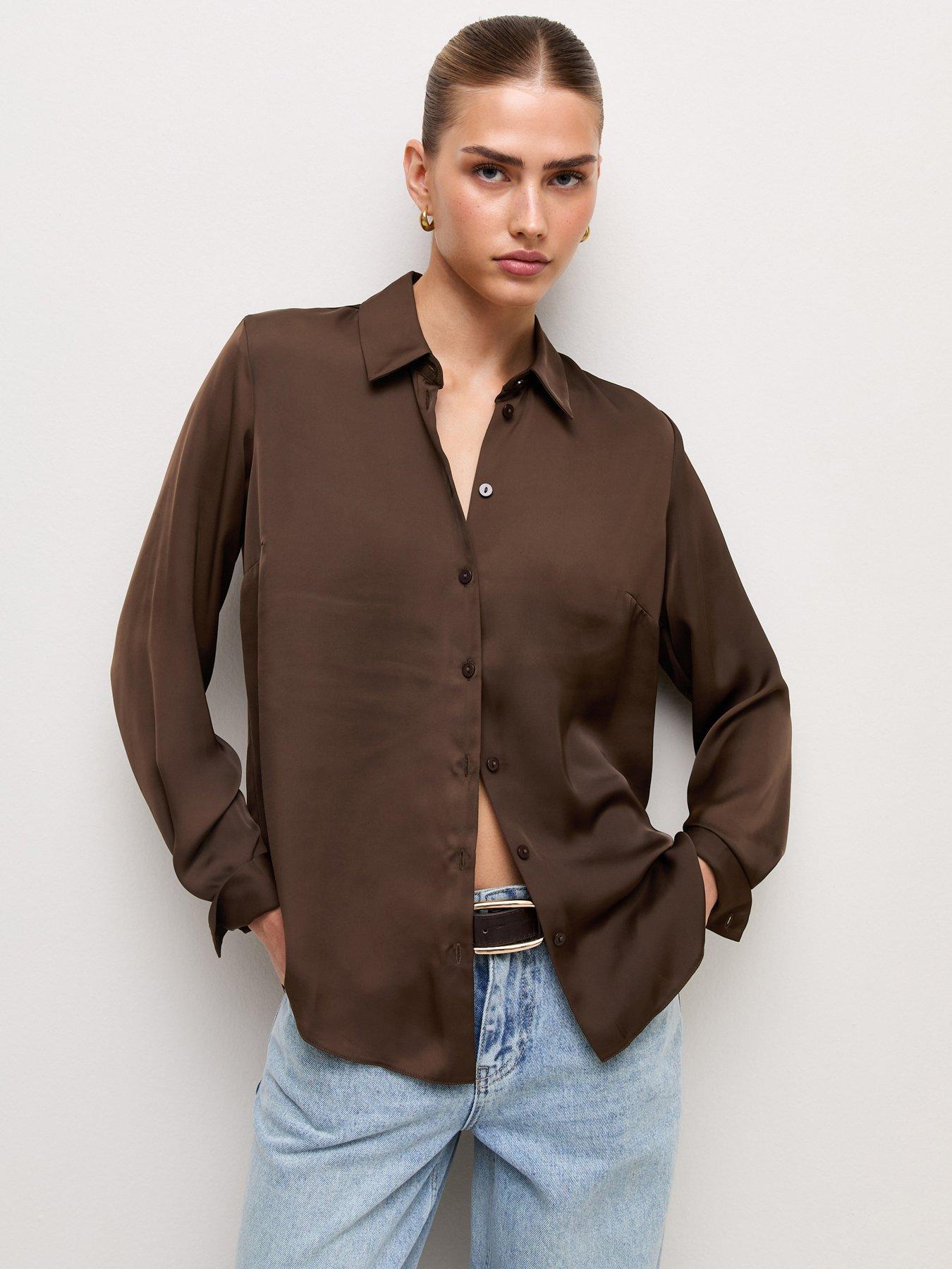 New Look Satin Long Sleeve Shirt - Dark Brown