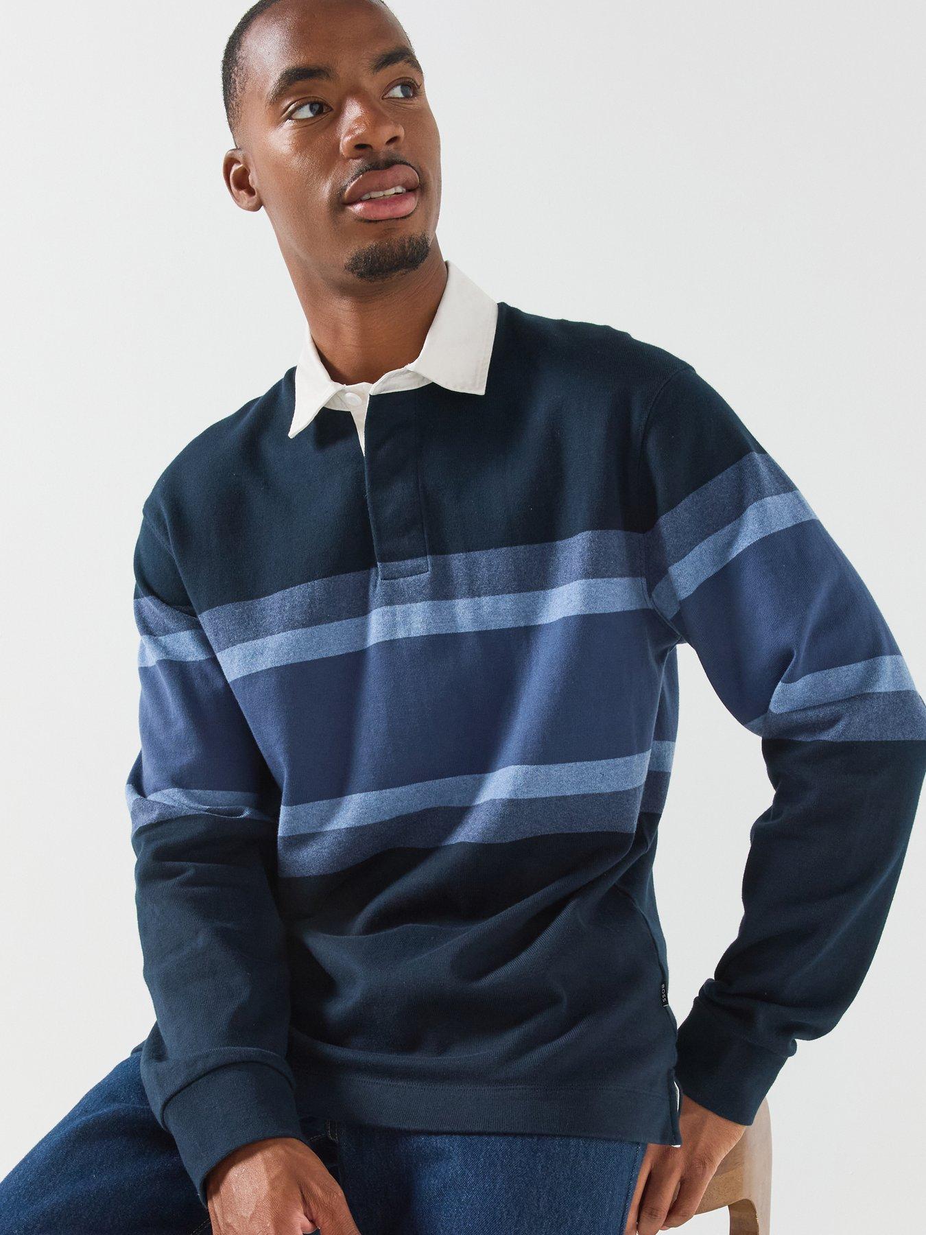 Image 1 of 6 of BOSS Mens Rugby Stripe Long Sleeve Polo Shirt - Navy