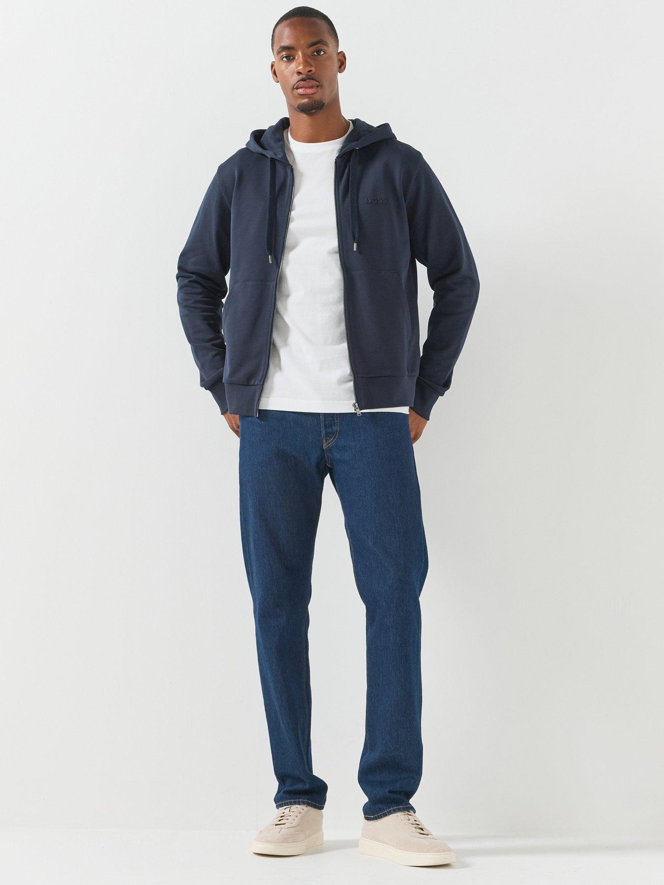 Image 1 of 6 of BOSS Men's Relaxed Fit Zip Through Hoodie with Drawstring Hood - Navy