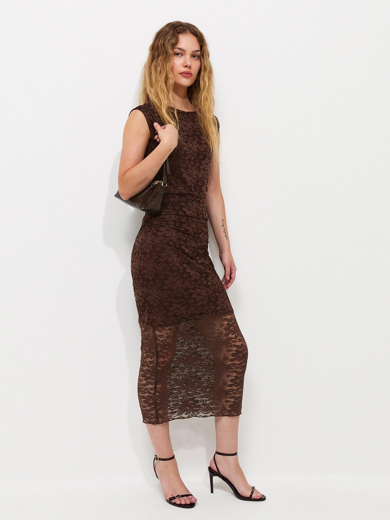 Image 1 of 5 of New Look Lace Ruched Side Sleeveless Midi Sleeve - Dark Brown