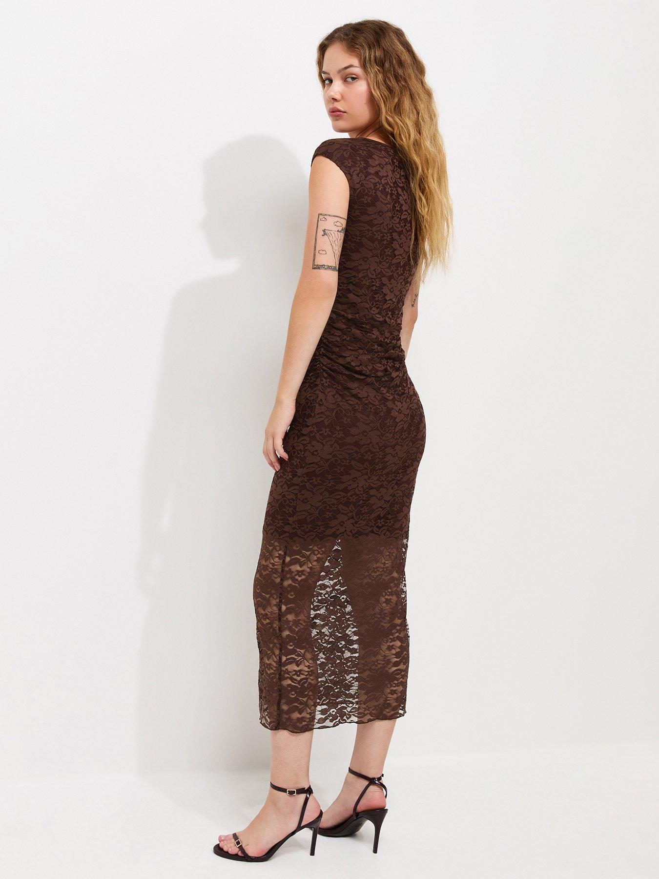 Image 2 of 5 of New Look Lace Ruched Side Sleeveless Midi Sleeve - Dark Brown