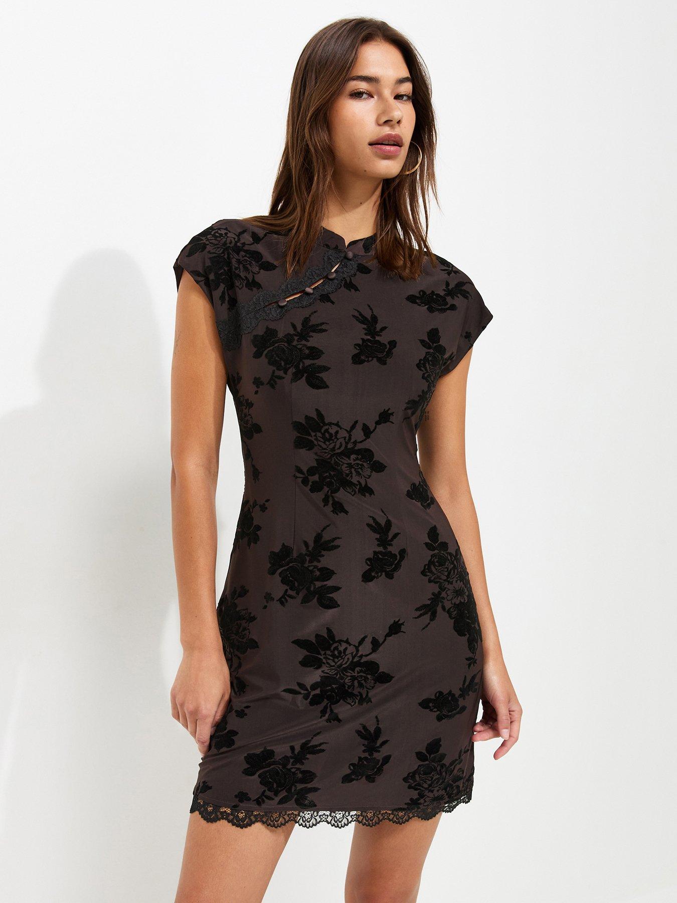 Image 1 of 5 of New Look Floral Mesh Lace Mini Dress - Dark Brown