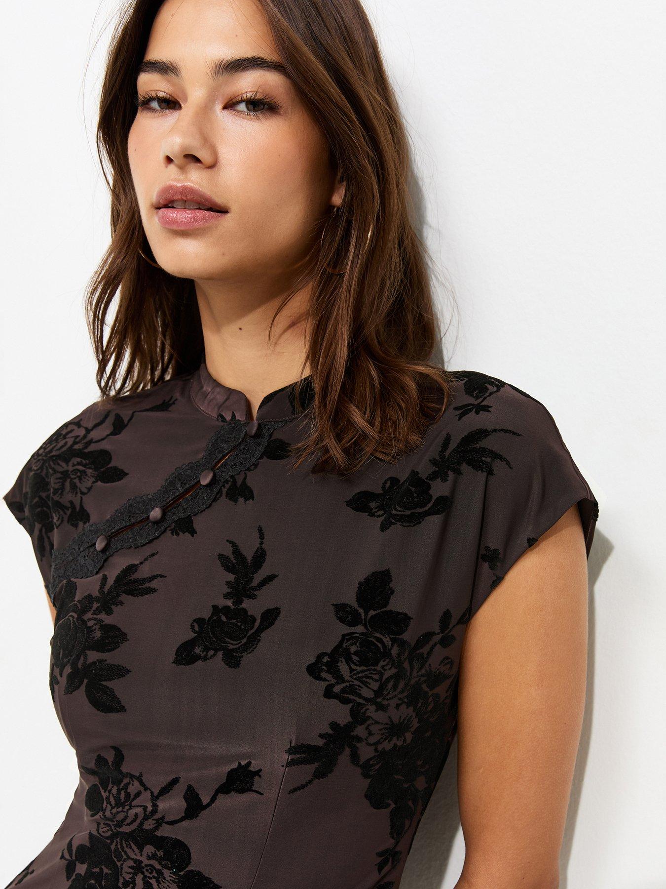 Image 4 of 5 of New Look Floral Mesh Lace Mini Dress - Dark Brown