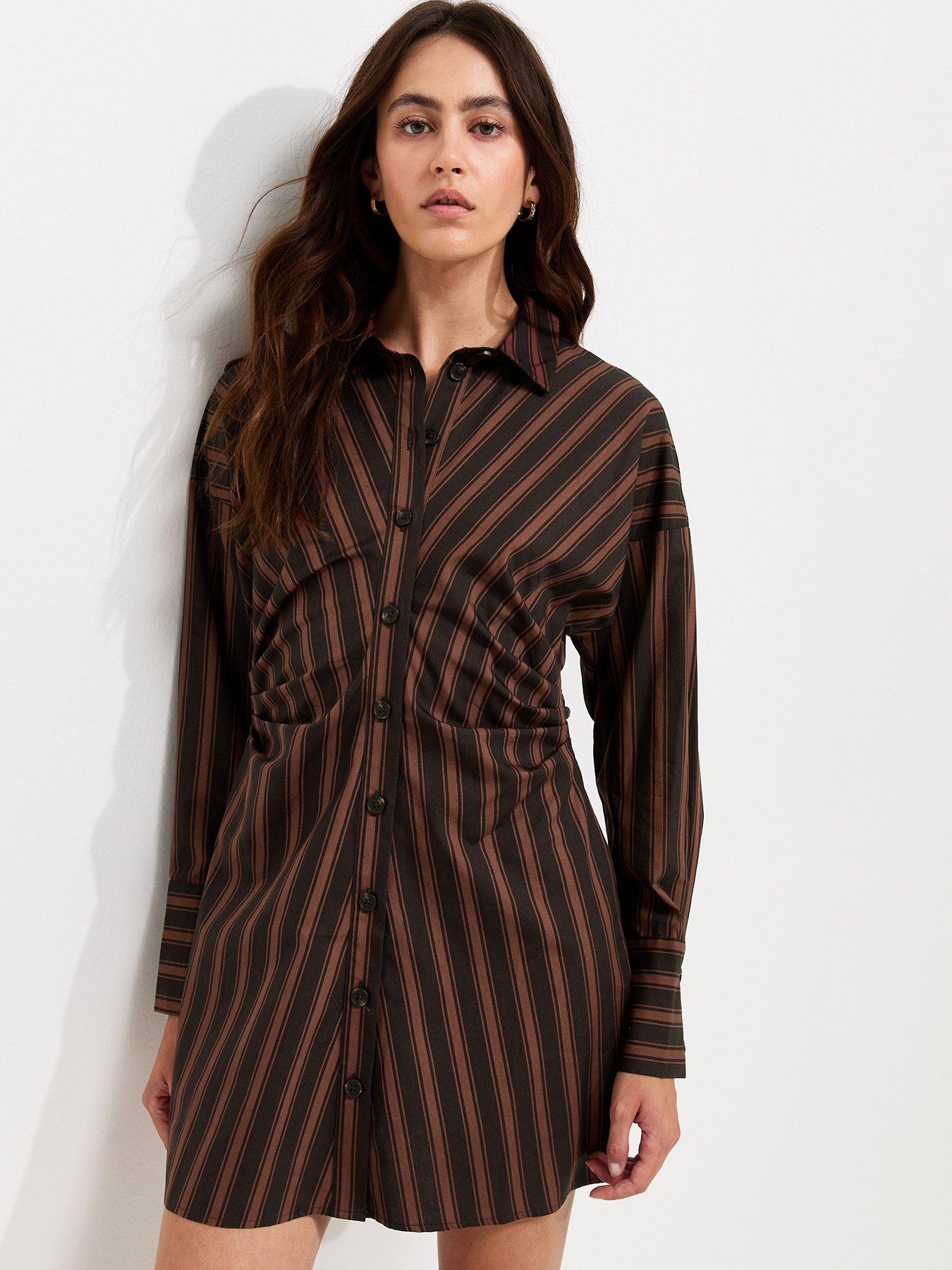 Image 1 of 5 of New Look Cotton Striped Mini Shirt Dress - Brown