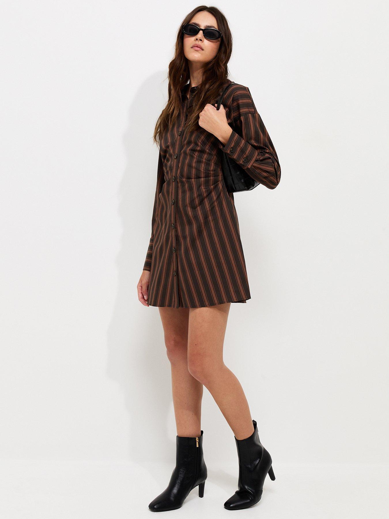 Image 3 of 5 of New Look Cotton Striped Mini Shirt Dress - Brown