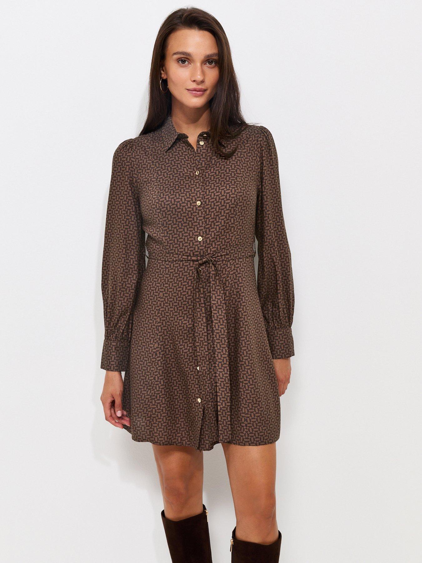 New Look Geometric Print Belted Mini Shirt Dress - Brown