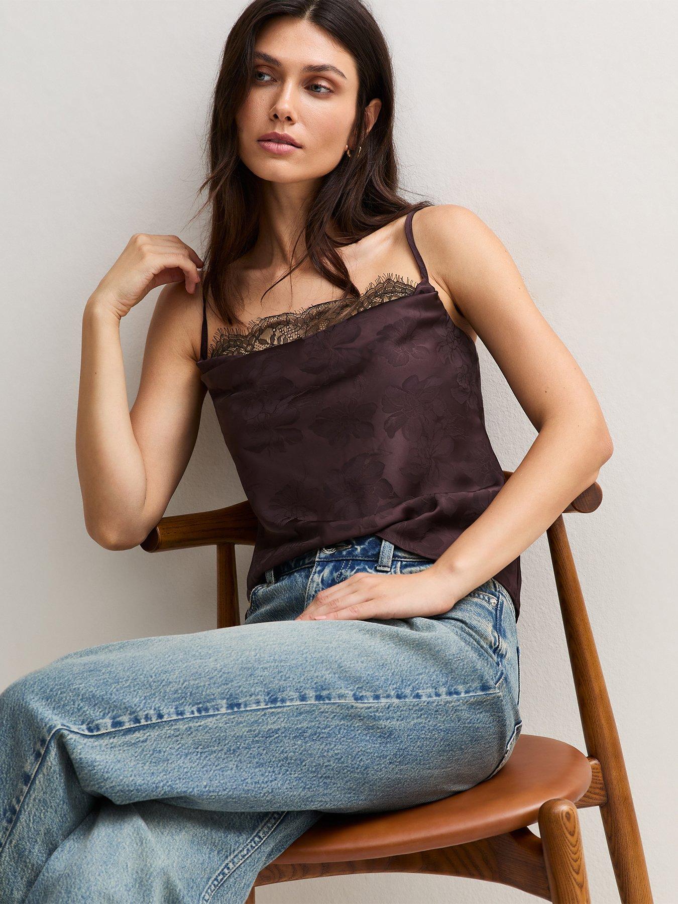 Image 1 of 6 of New Look Womens Cowl Neck Lace Trim Cami Blouse - Brown