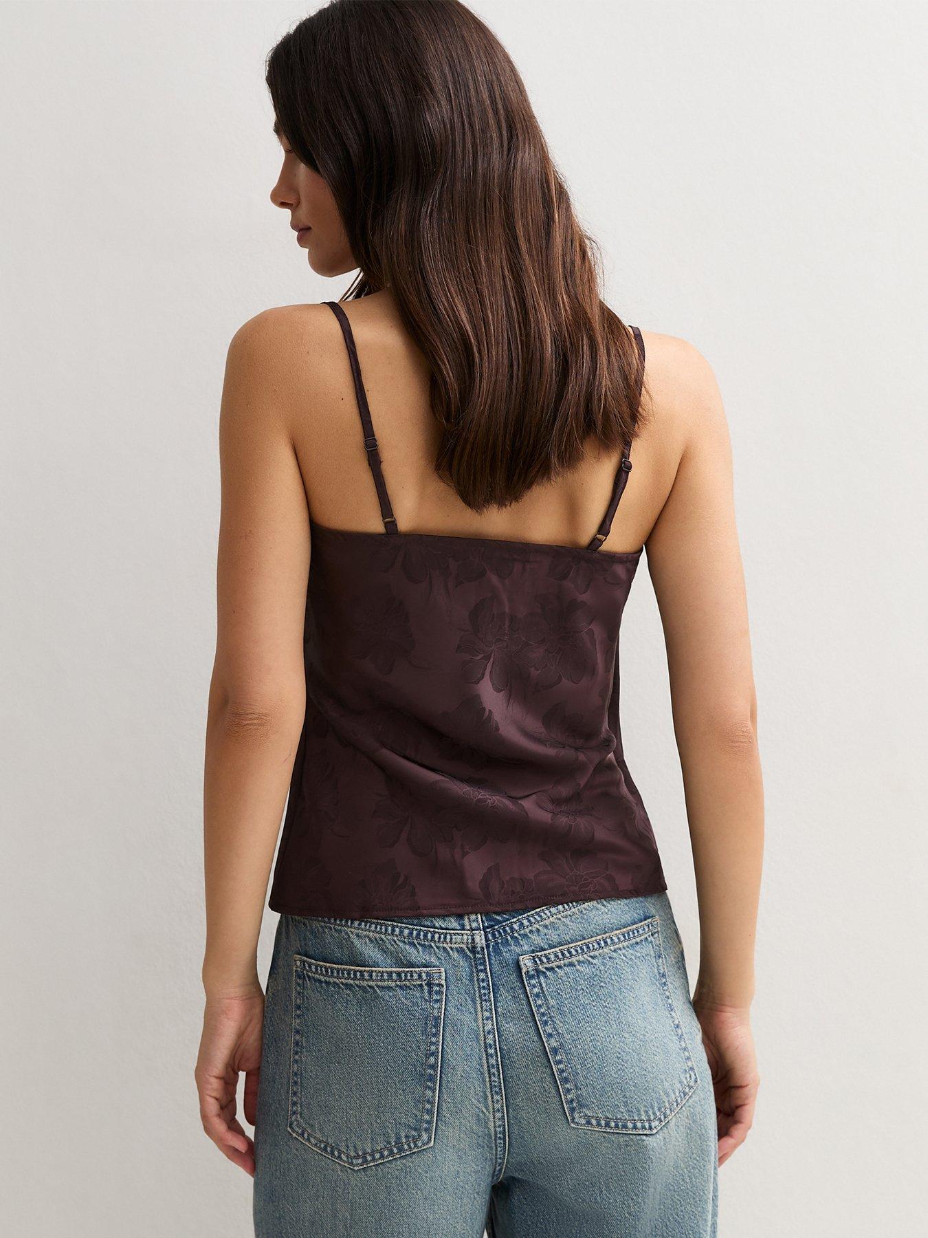 Image 2 of 6 of New Look Womens Cowl Neck Lace Trim Cami Blouse - Brown