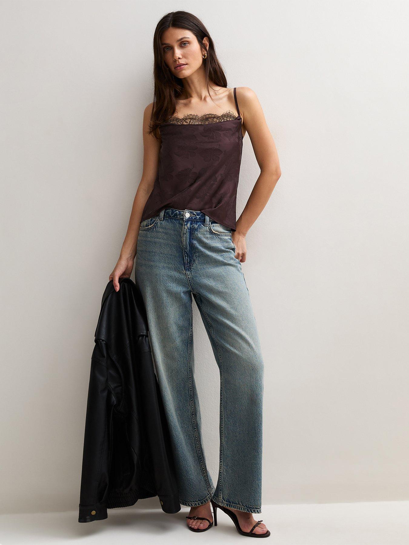 Image 3 of 6 of New Look Womens Cowl Neck Lace Trim Cami Blouse - Brown