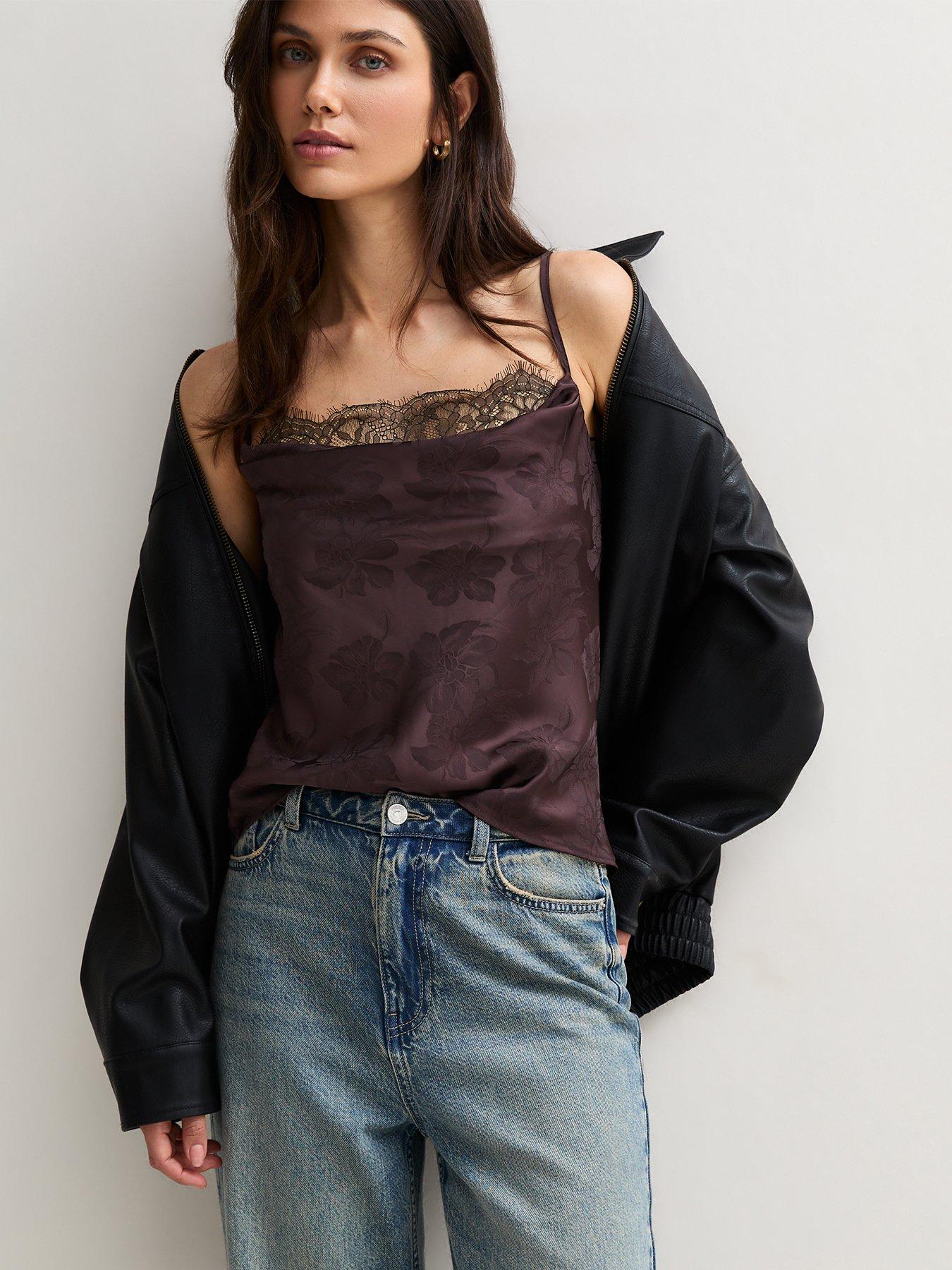 Image 4 of 6 of New Look Womens Cowl Neck Lace Trim Cami Blouse - Brown
