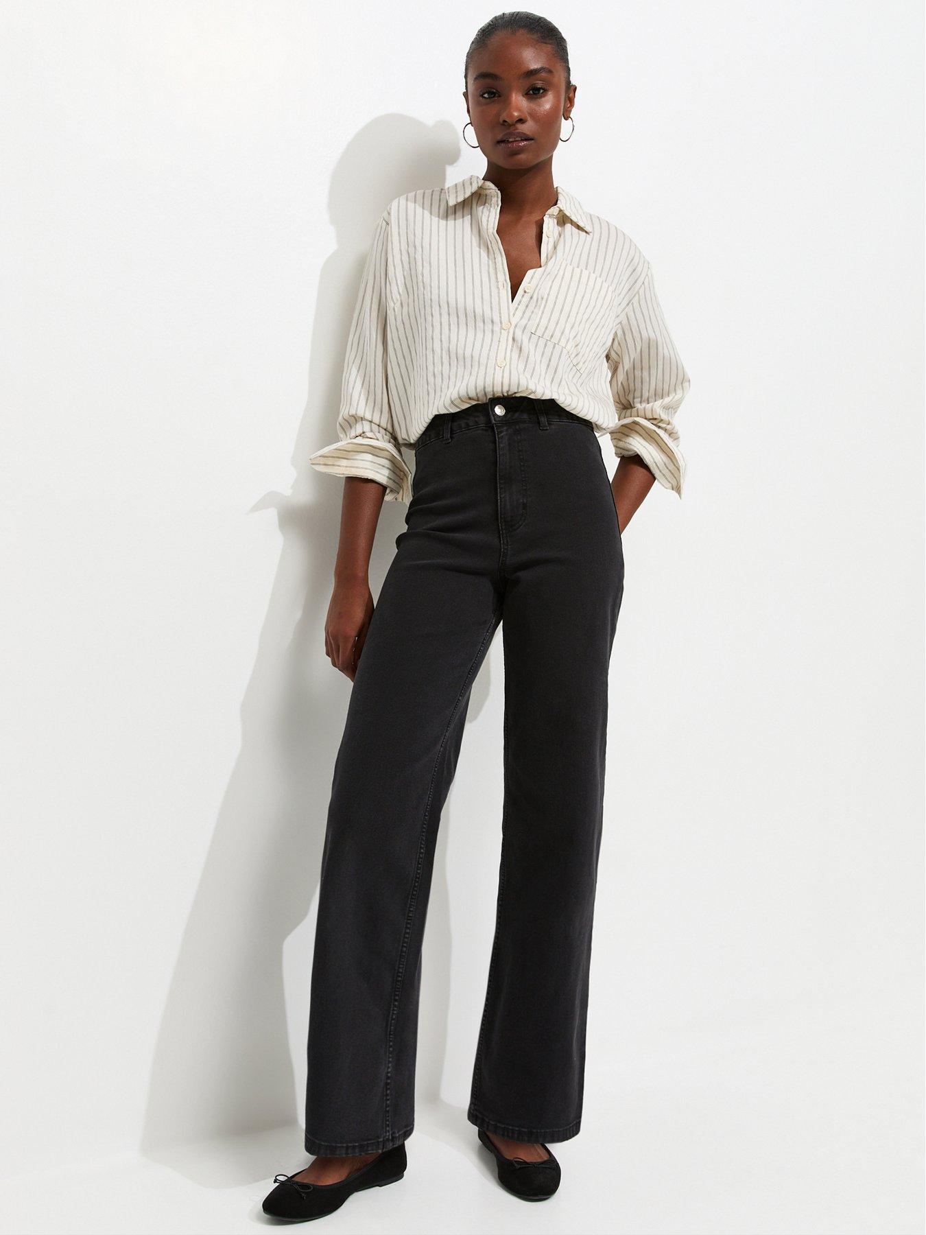 Image 1 of 6 of New Look Women's High Waist Stretch Denim Wide Leg Jeans - Black