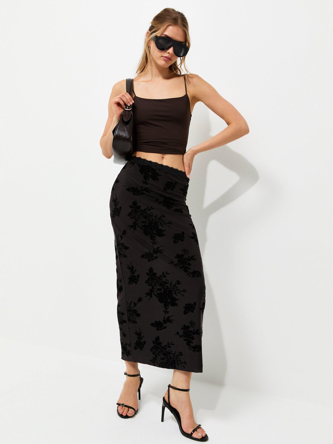 New Look Floral Flock Lace Mesh Midi Skirt - Black