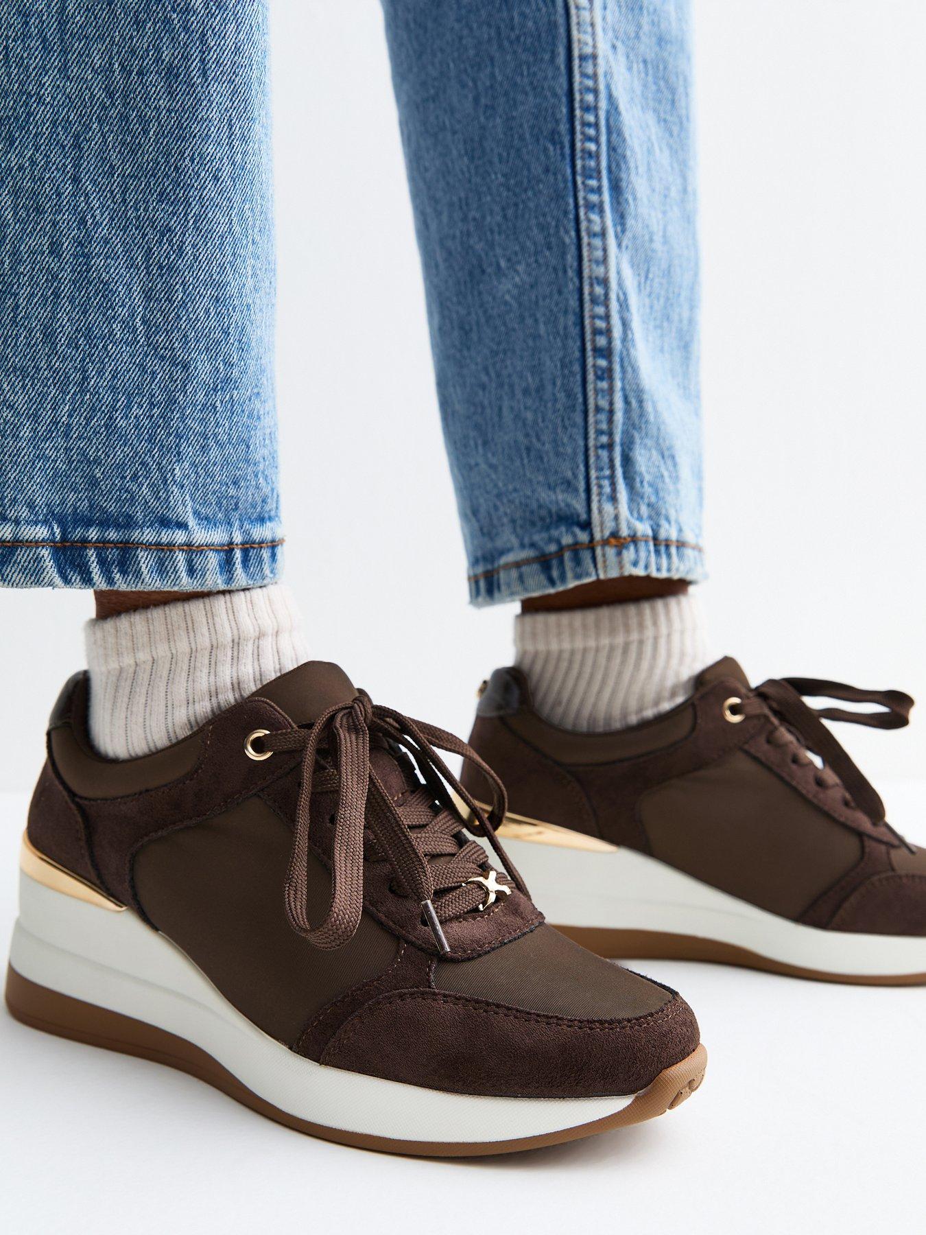 Image 1 of 5 of New Look Dark Brown Faux Suede Wedge Heel Lace Up Trainers