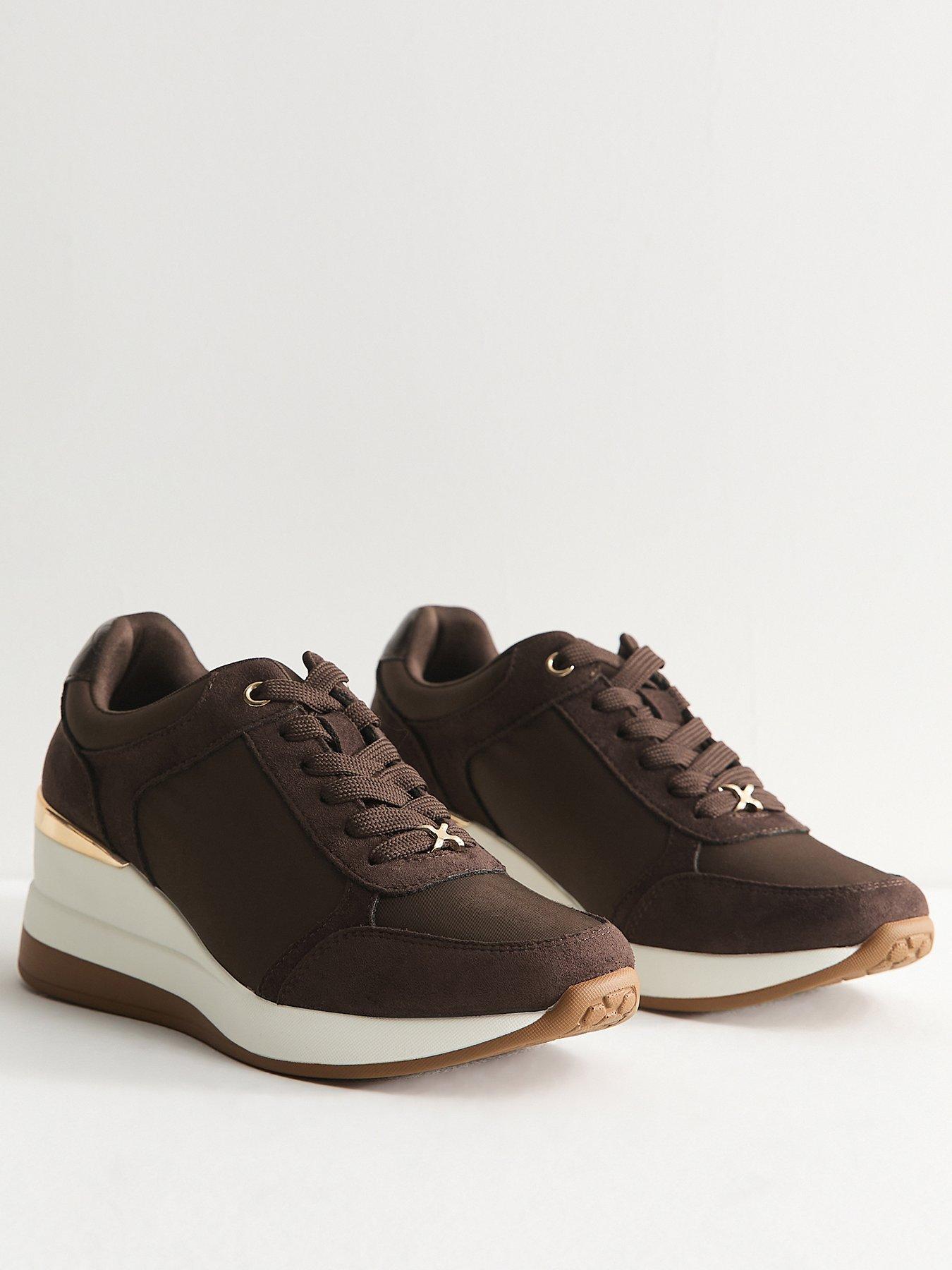 Image 3 of 5 of New Look Dark Brown Faux Suede Wedge Heel Lace Up Trainers