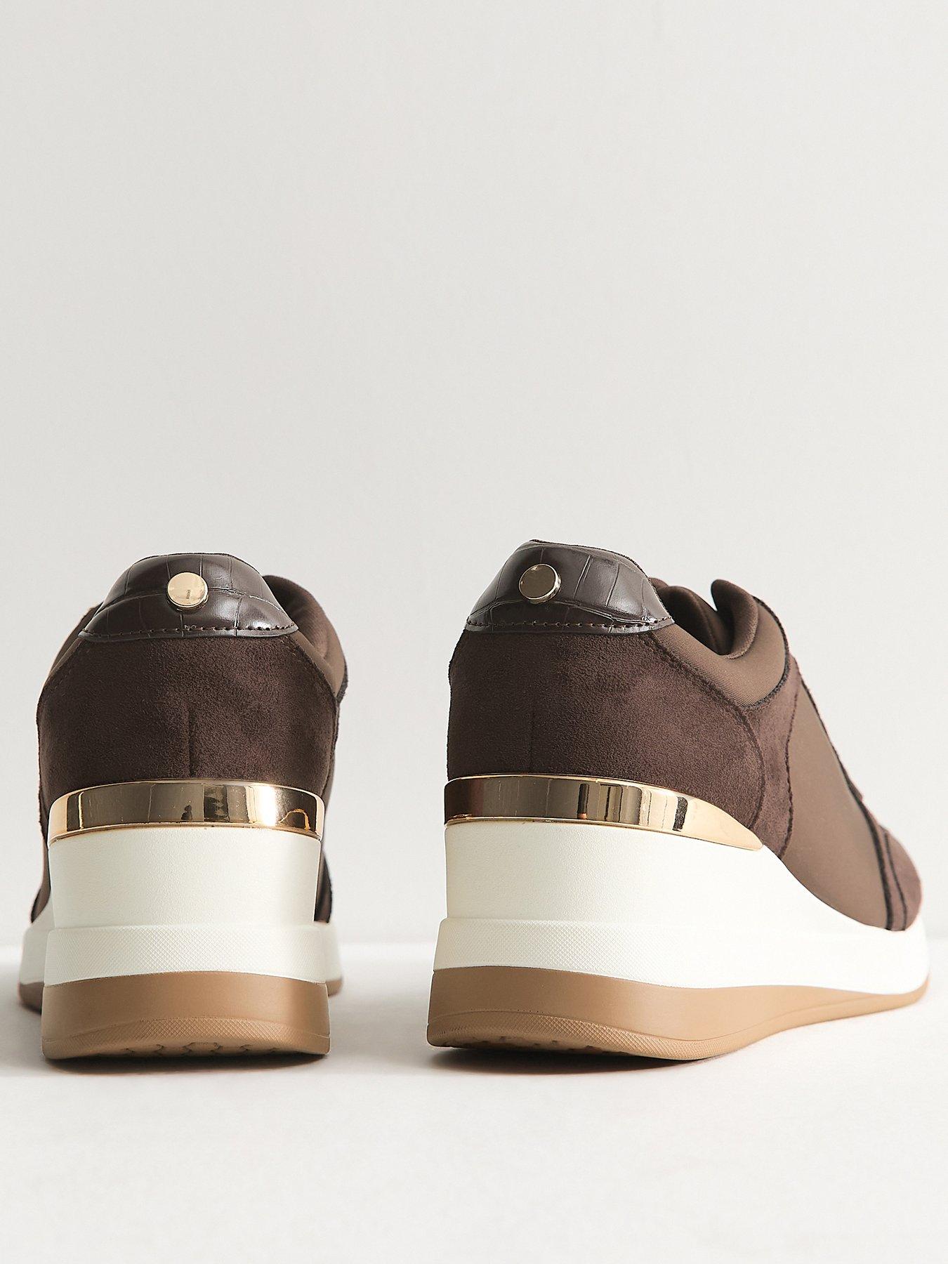 Image 4 of 5 of New Look Dark Brown Faux Suede Wedge Heel Lace Up Trainers