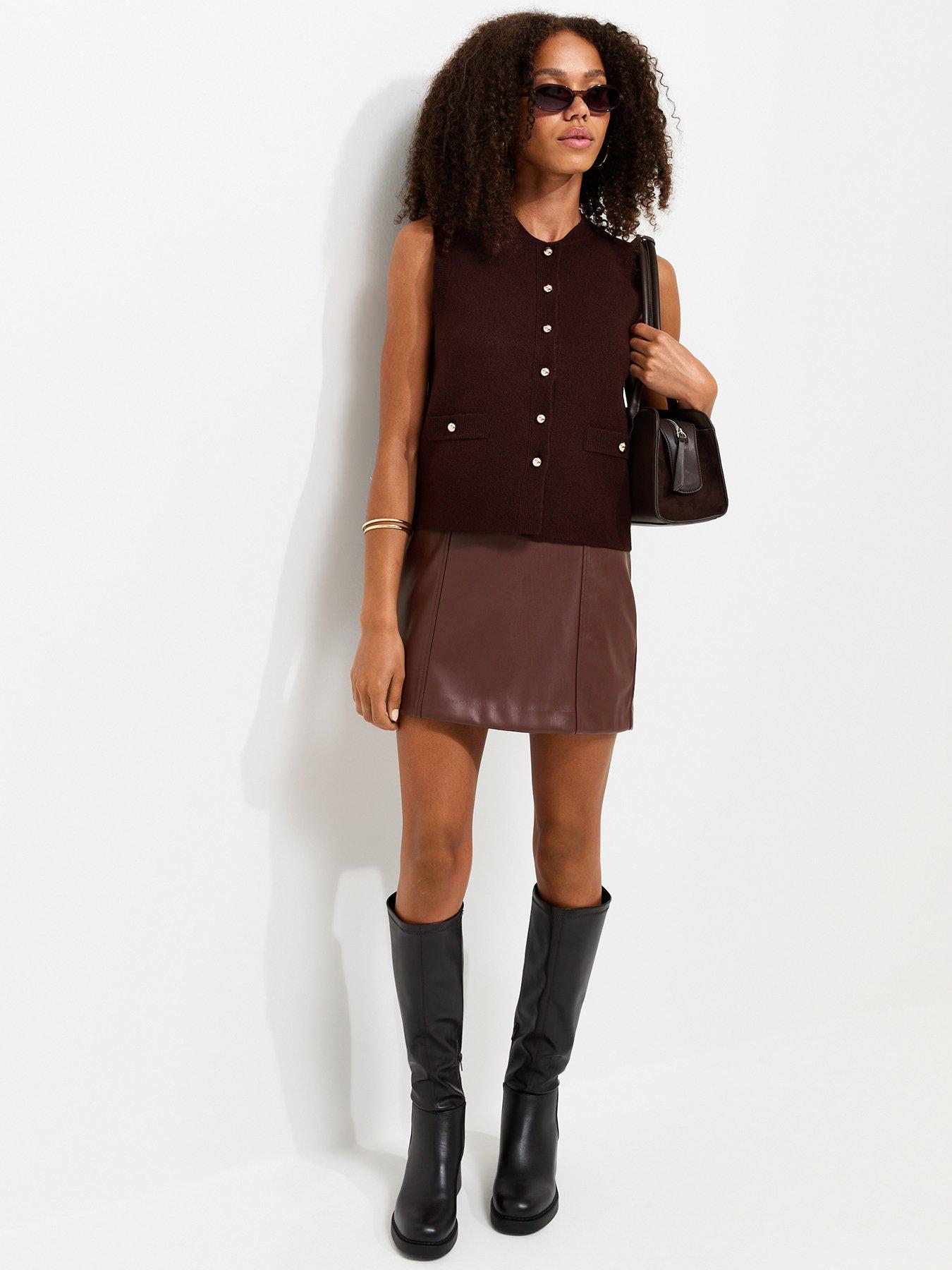 Image 3 of 6 of New Look Faux Leather Mini Skirt - Brown