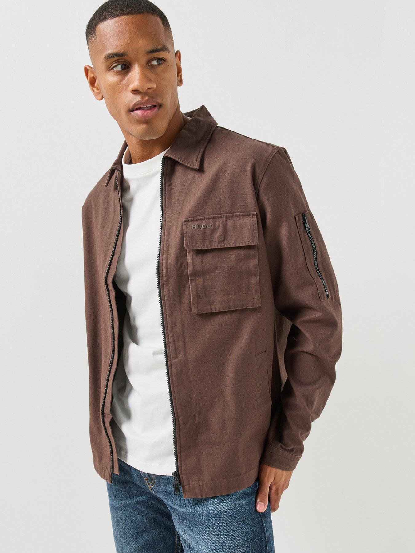 Image 1 of 6 of HUGO Mens Emmond Oversize Zip Through Overshirt - Brown