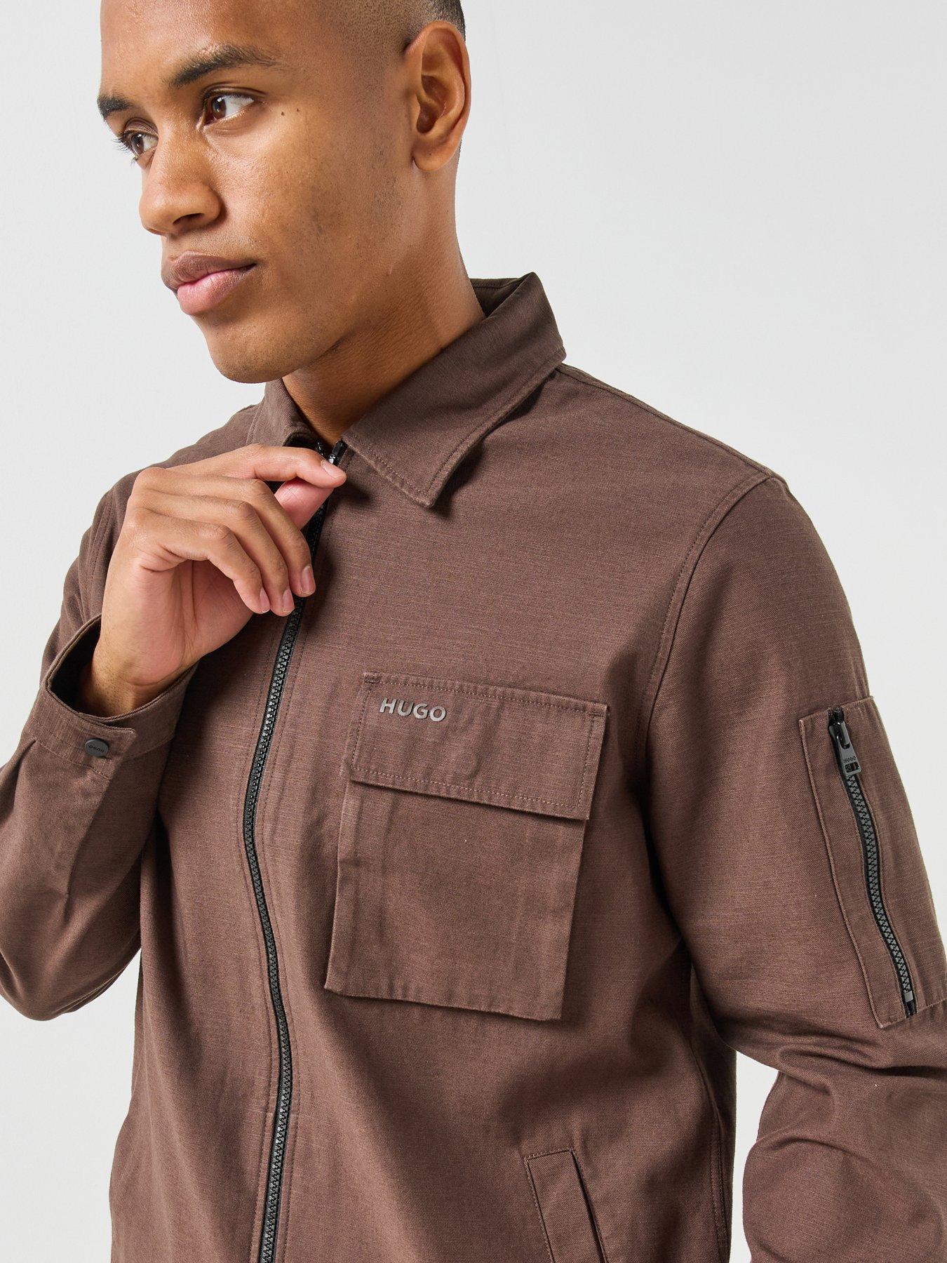 Image 4 of 6 of HUGO Mens Emmond Oversize Zip Through Overshirt - Brown