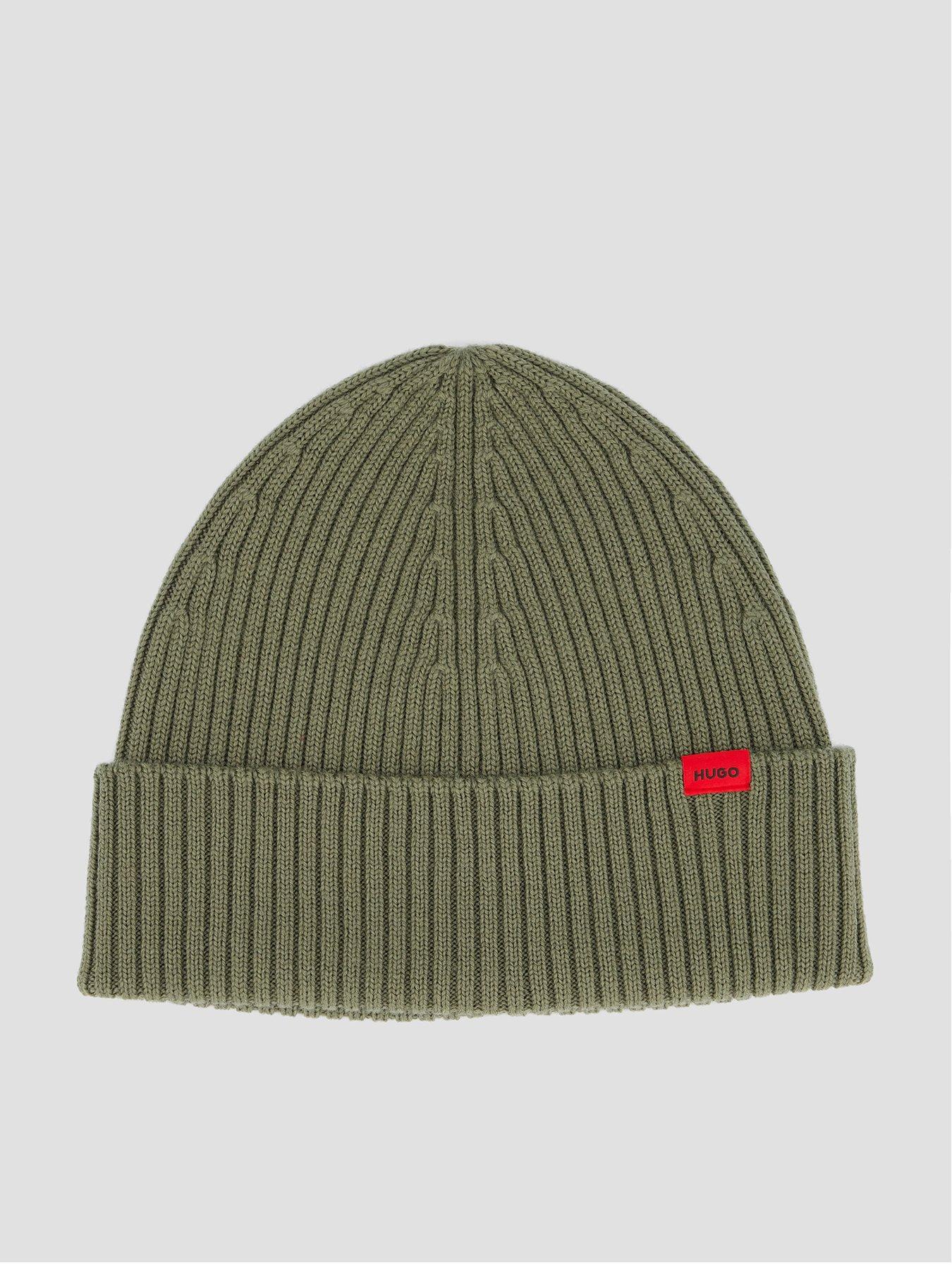 Image 1 of 4 of HUGO Mens Virgin Wool Ribbed Turn-Up Beanie Hat - Green