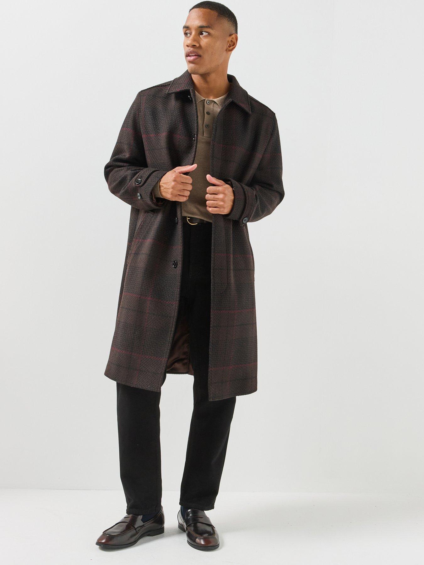 Image 1 of 6 of HUGO Hugo Mettos2641 Check Overcoat - Brown