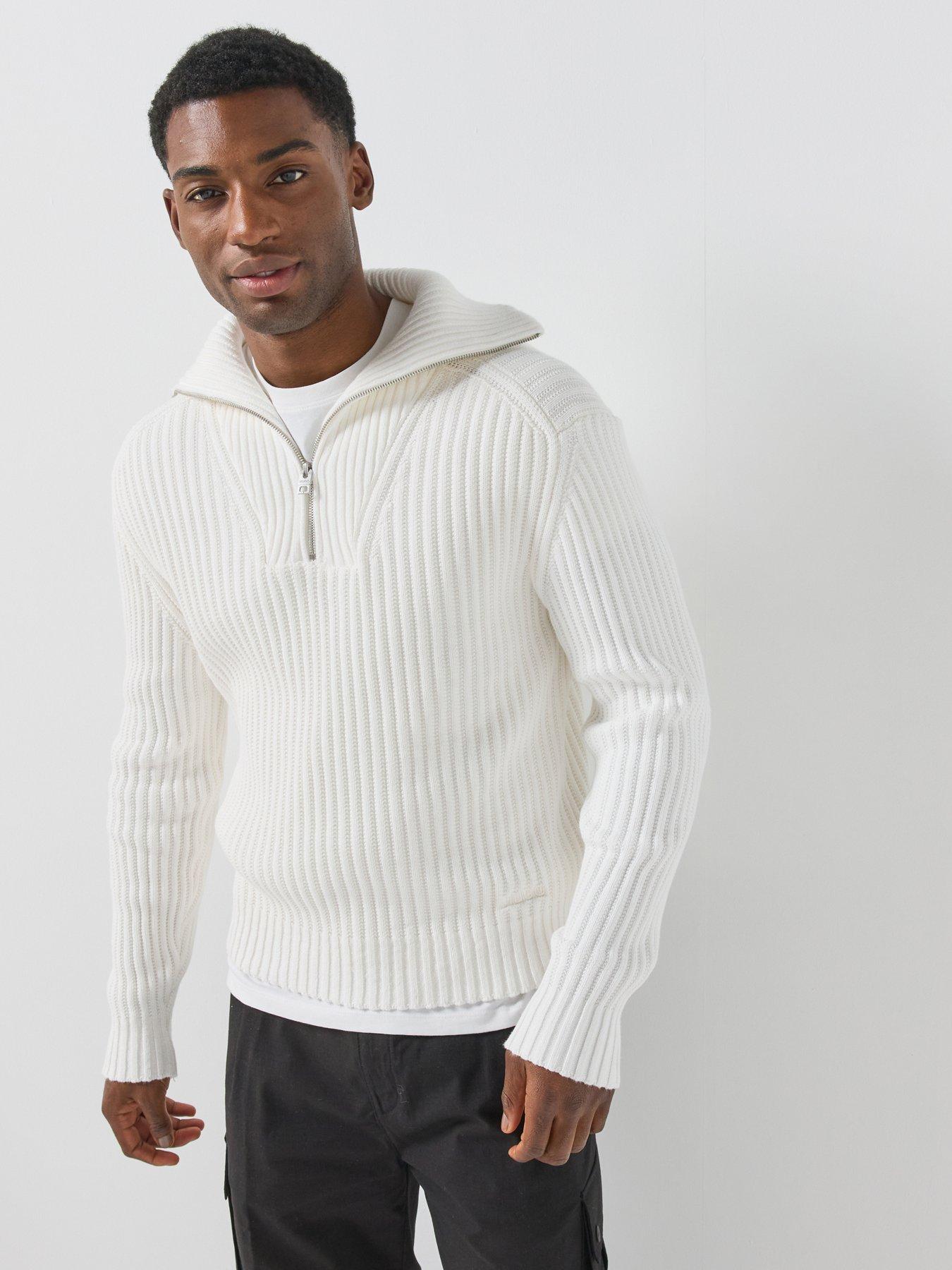 HUGO Srithon Rib 1/4 Zip Knitted Jumper - White