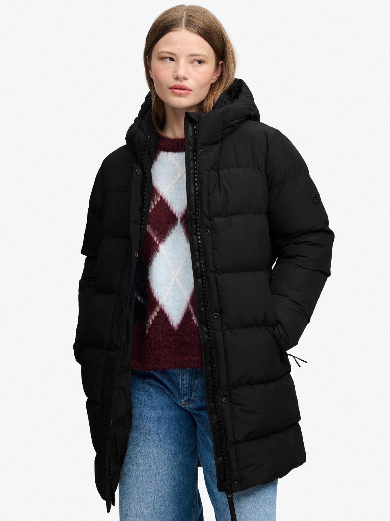 Image 1 of 7 of Superdry Womens Hooded Quilted Midi Puffer Jacket - Black