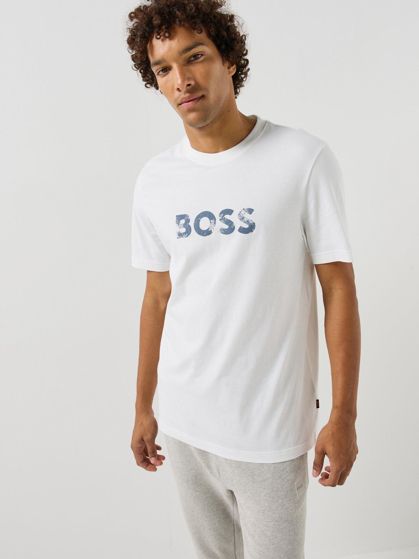 Image 1 of 6 of BOSS Mens Letter Print Logo Regular Fit T-Shirt - White