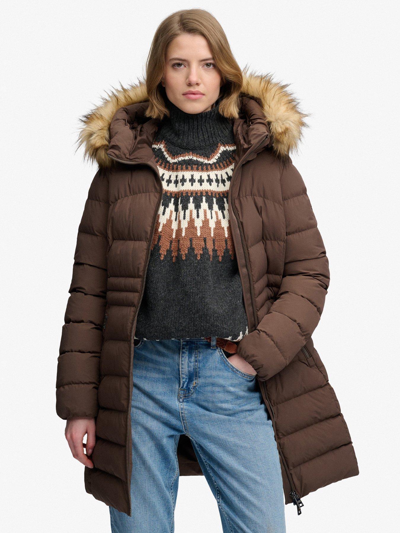 Image 1 of 7 of Superdry Womens Fuji Faux Fur Hood Padded Coat - Brown