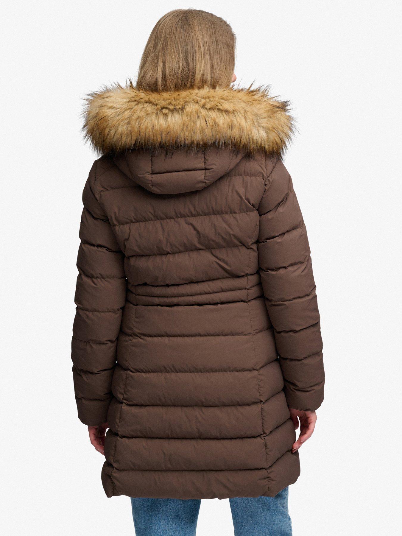 Image 2 of 7 of Superdry Womens Fuji Faux Fur Hood Padded Coat - Brown