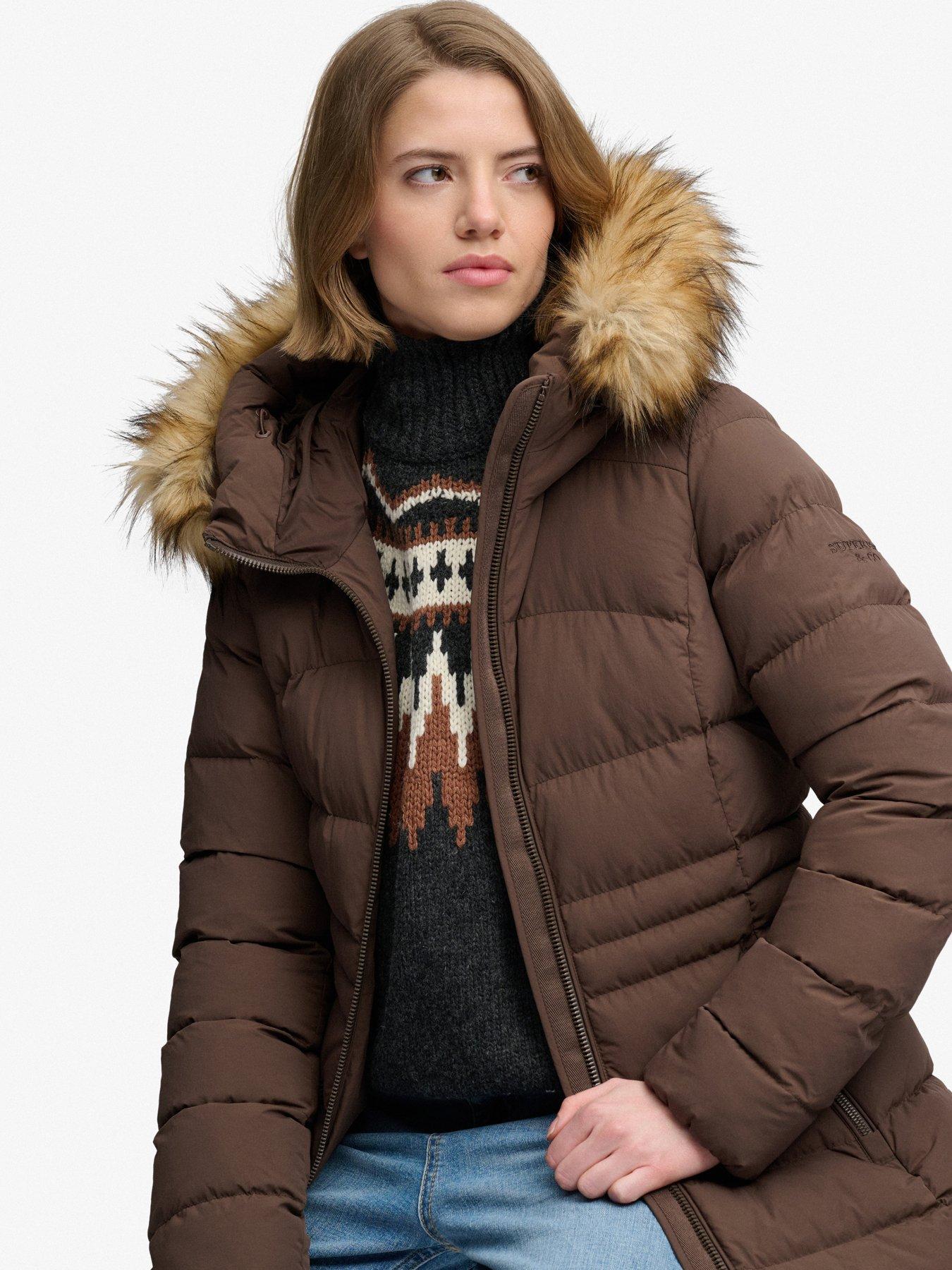 Image 4 of 7 of Superdry Womens Fuji Faux Fur Hood Padded Coat - Brown