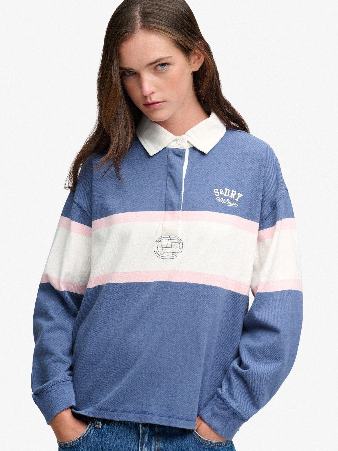 Image 1 of 7 of Superdry Womens Heritage Stripe Oversized Rugby Top - Blue