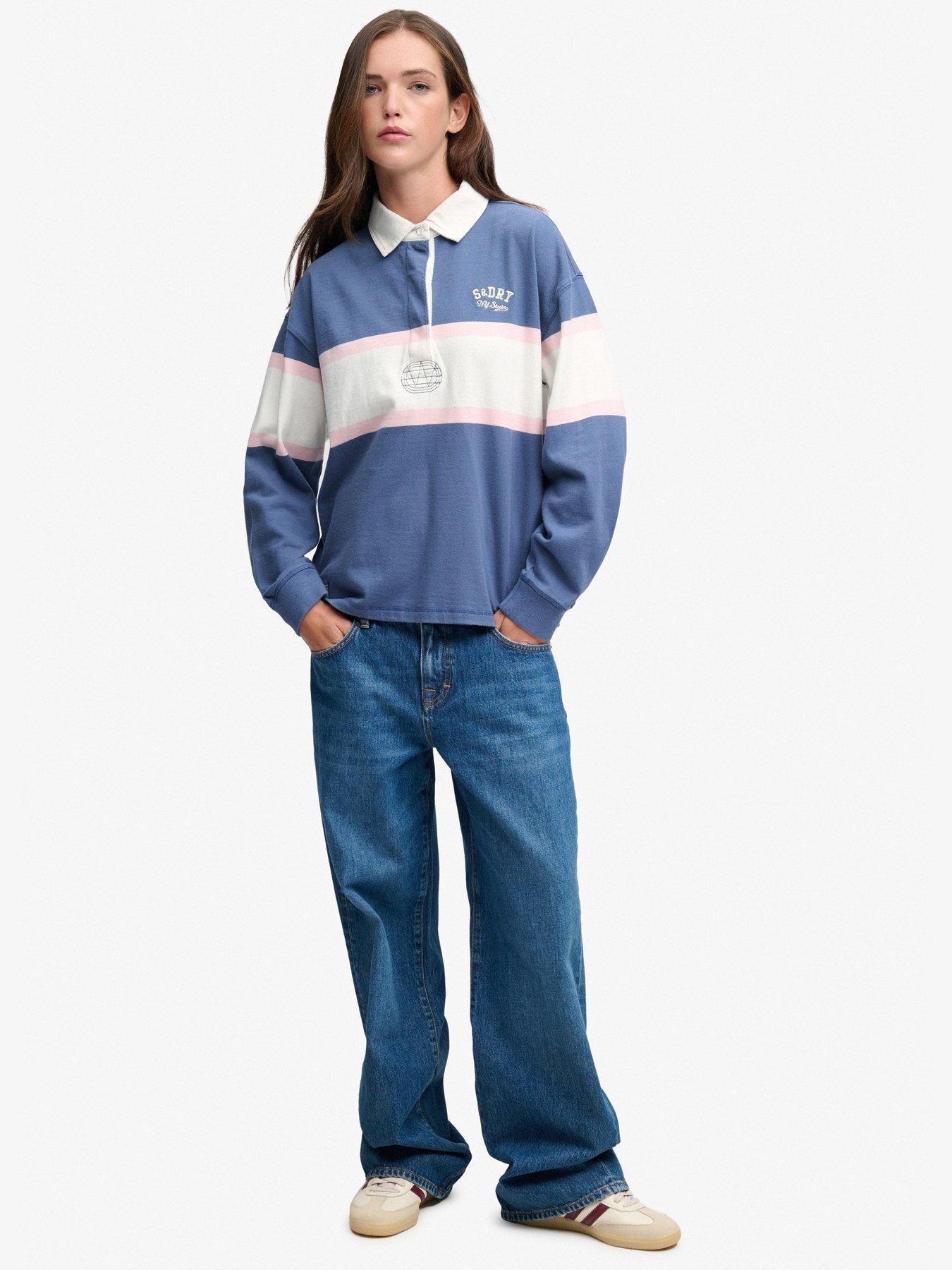 Image 2 of 7 of Superdry Womens Heritage Stripe Oversized Rugby Top - Blue