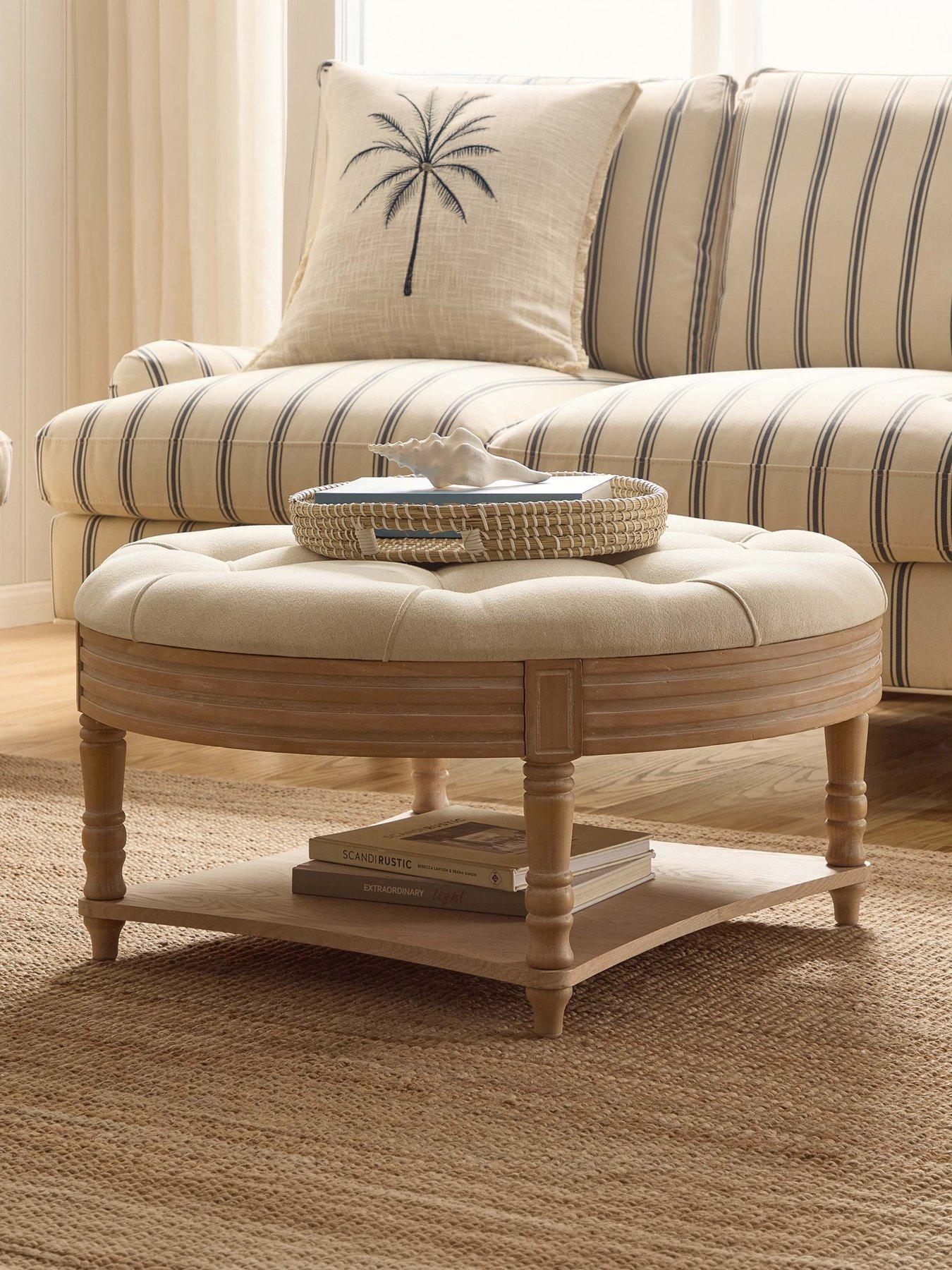 Image 1 of 6 of Dusk Aubrey Round Coffee Table Pouffe - Cream Linen