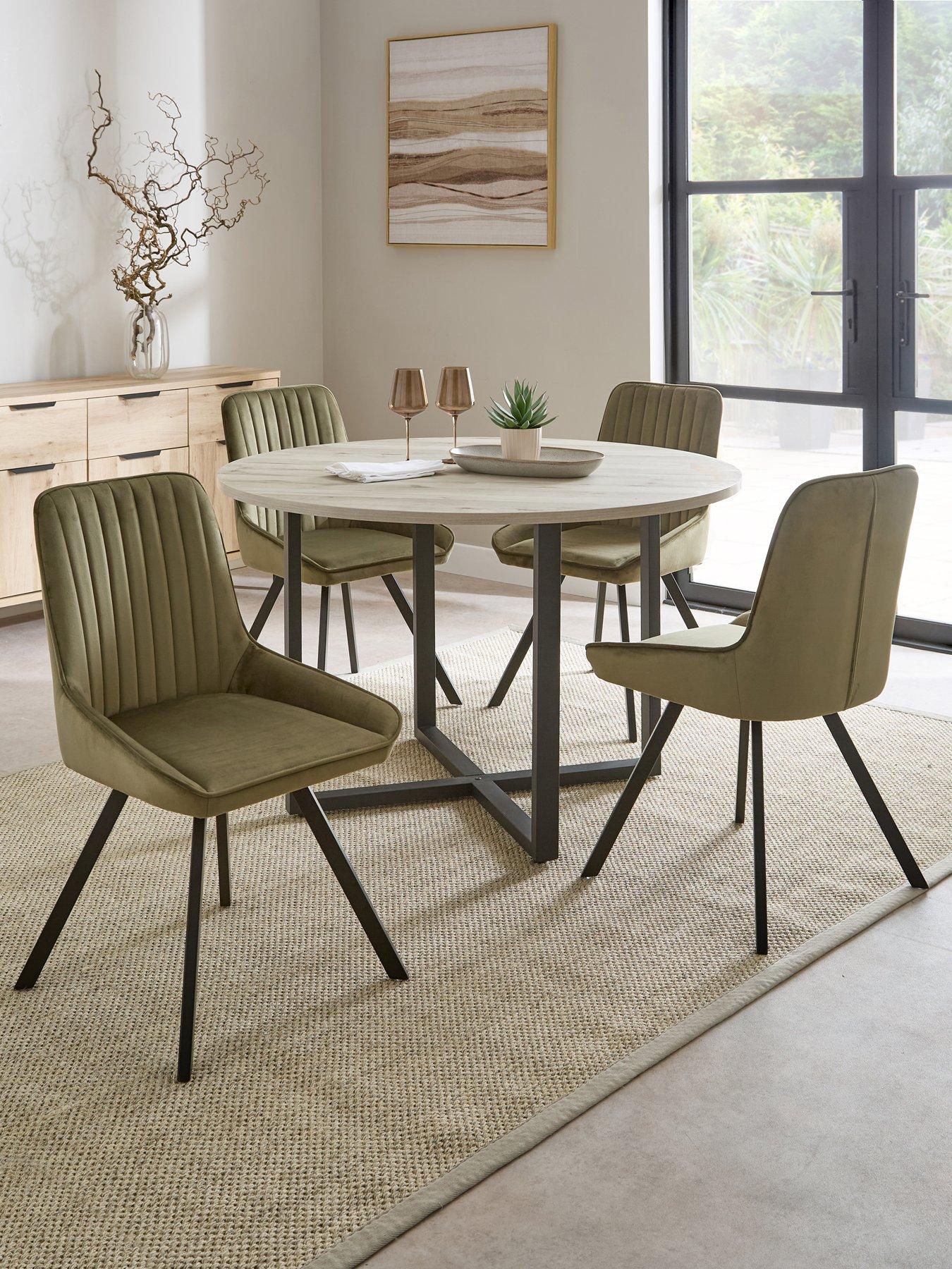 The Very Collection Harlem Grey Oak Round Dining Table With 4 Marlow Moss Green Chairs