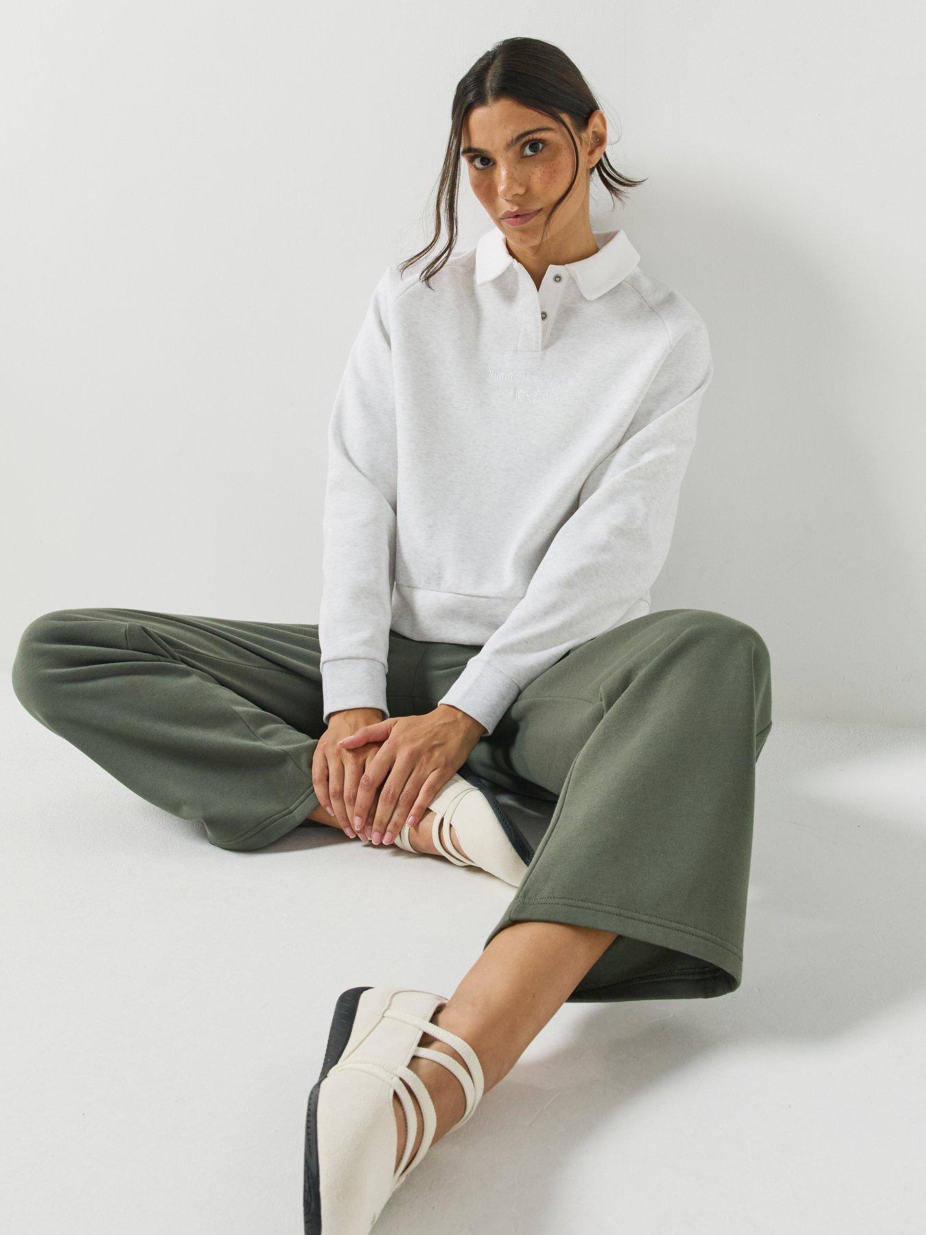 Image 3 of 6 of Puma Puma Womens Relaxed Soft Fleece Long Sleeve Polo Shirt - White