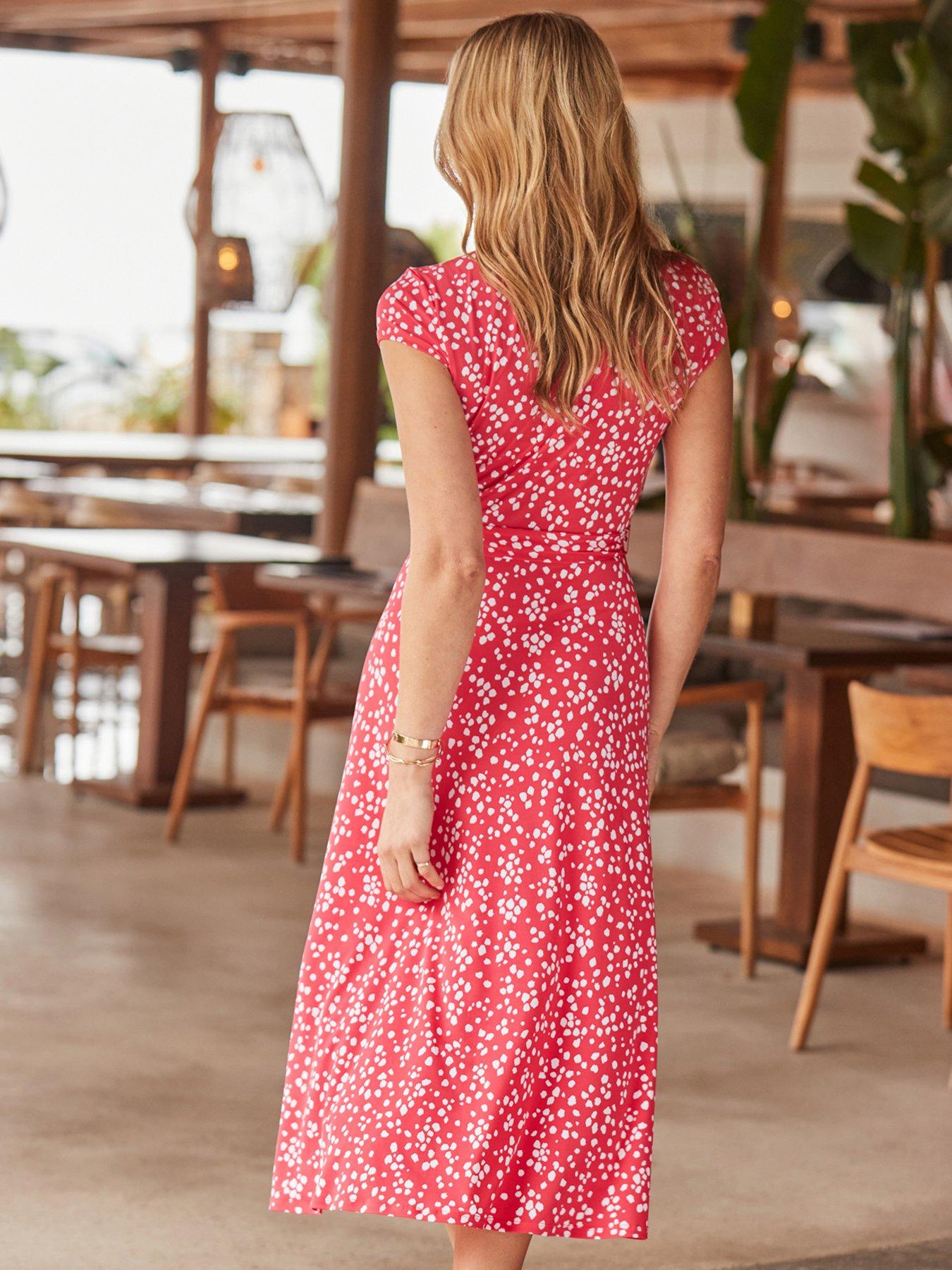 Image 2 of 6 of Sosandar Summer Spot Print Faux Wrap Dress - Red