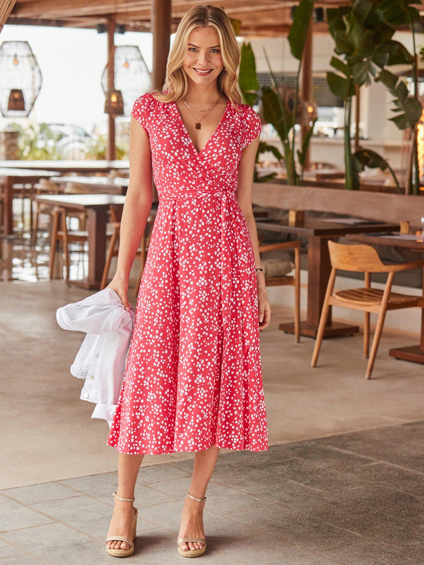 Image 5 of 6 of Sosandar Summer Spot Print Faux Wrap Dress - Red