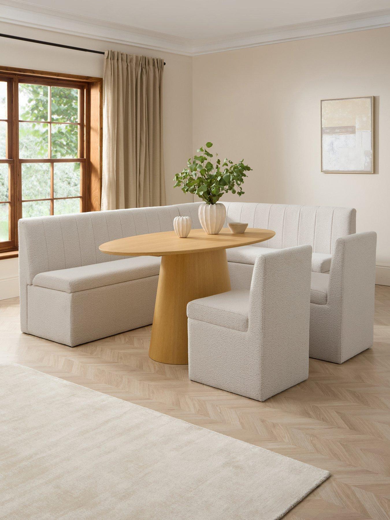 The Very Collection Sander Corner Storage Booth In Boucle With Lenny Oval Dining Table & 2 Sander Chairs