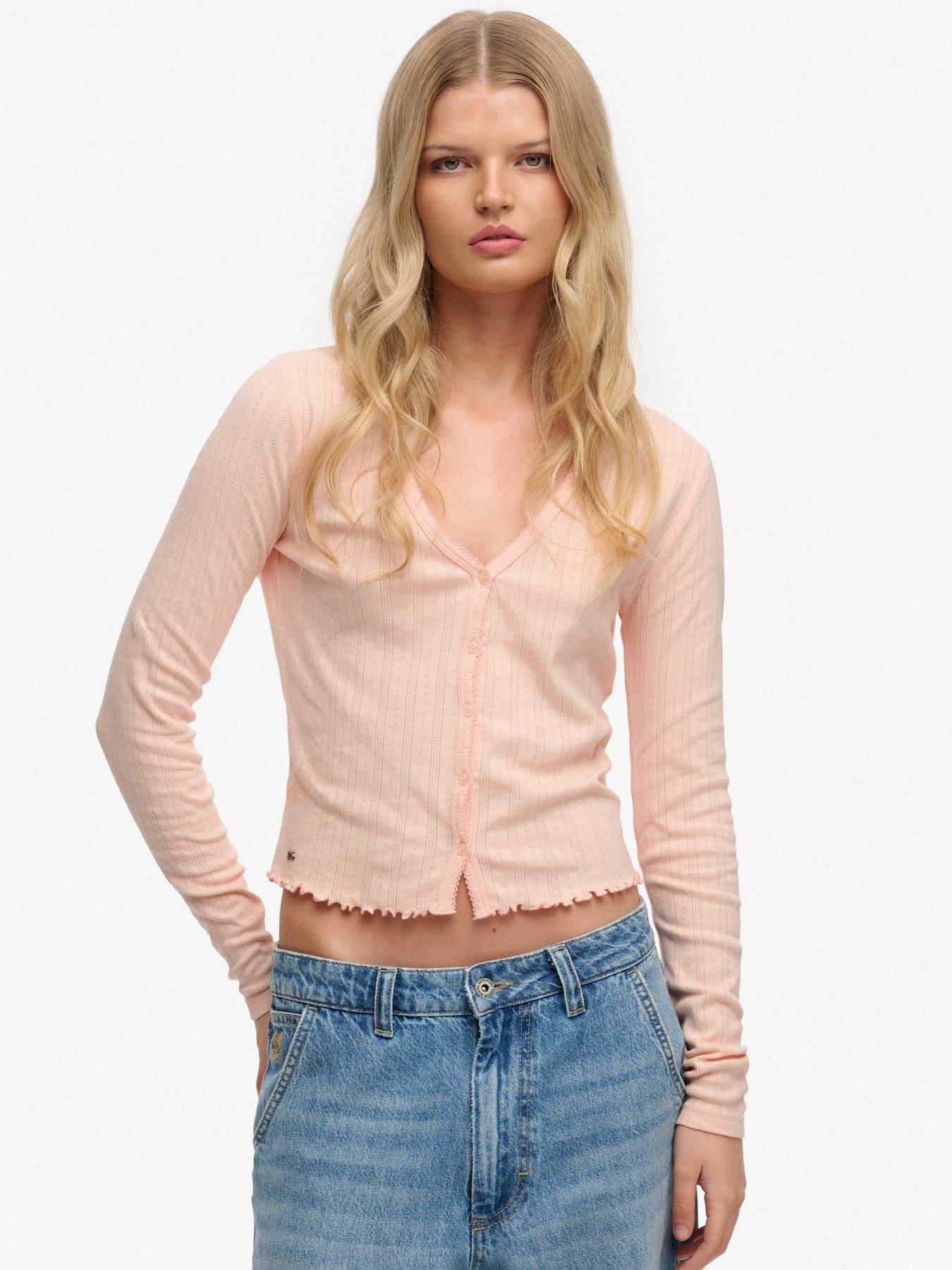 Image 1 of 6 of Superdry Athletic Essential Pointelle Cardigan - Pink