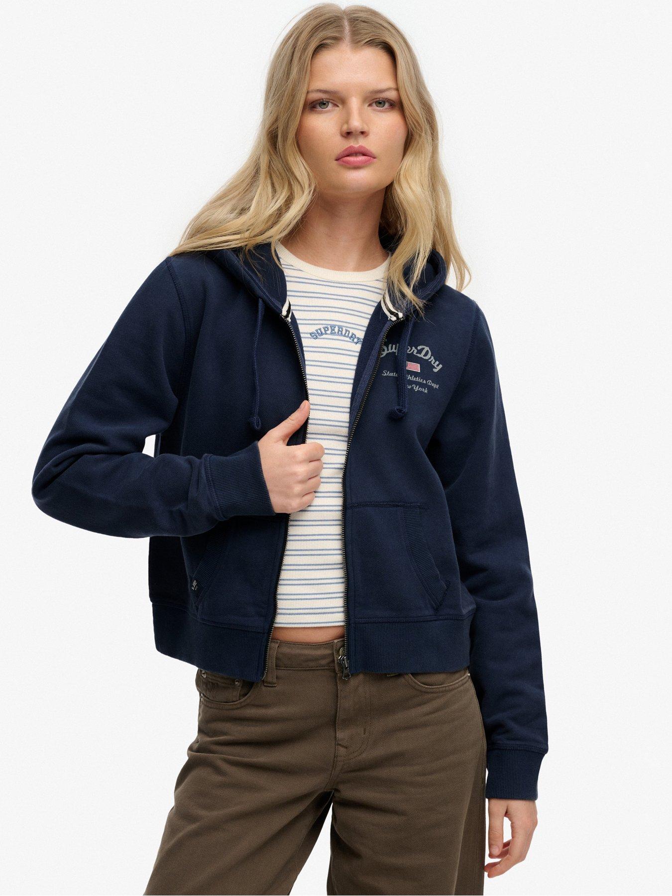 Image 1 of 4 of Superdry Athletic Essentials Cropped Zip Hoodie - Navy